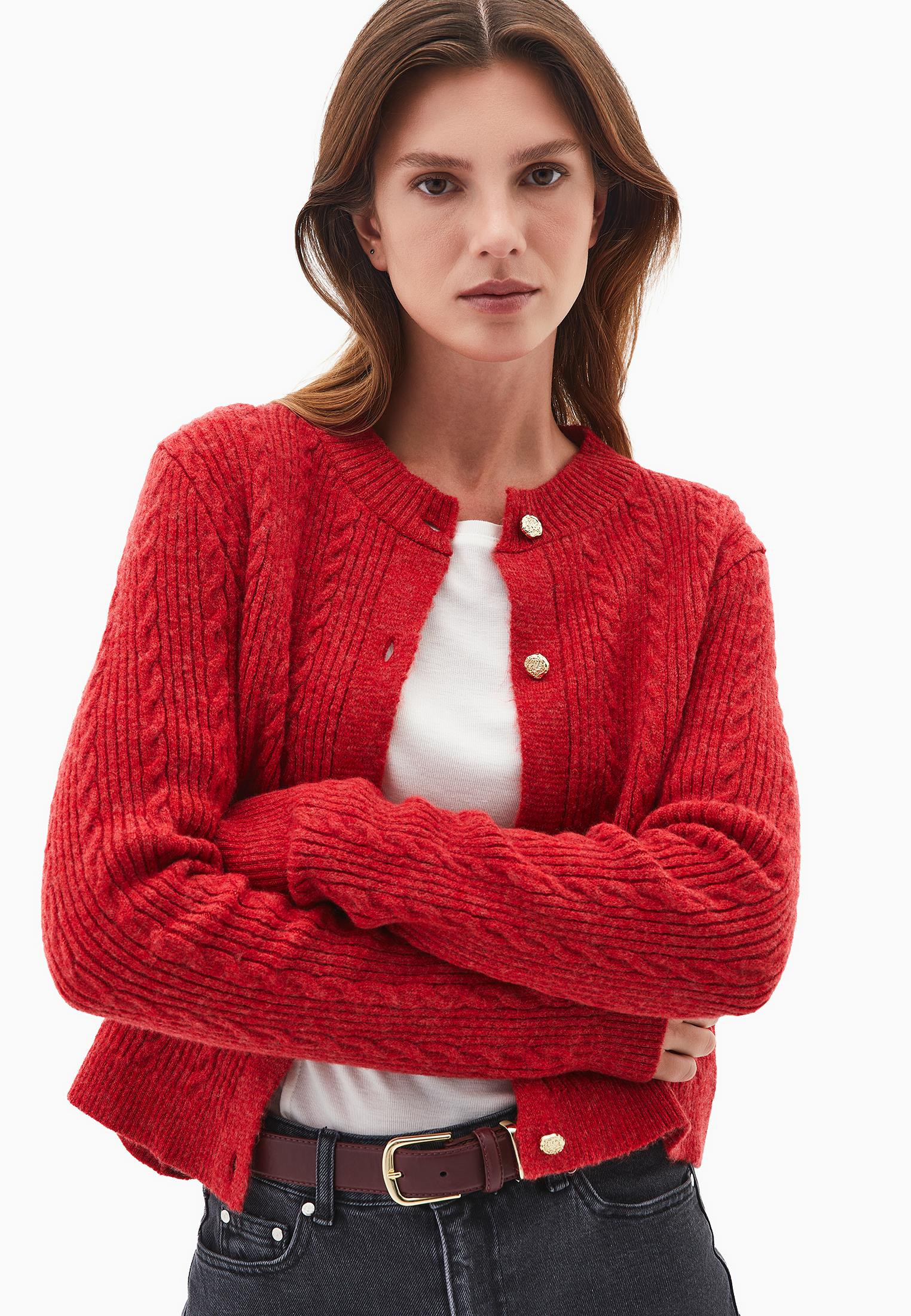Crew Neck Cardigan With Knit Details - AMERICAN BEAUTY