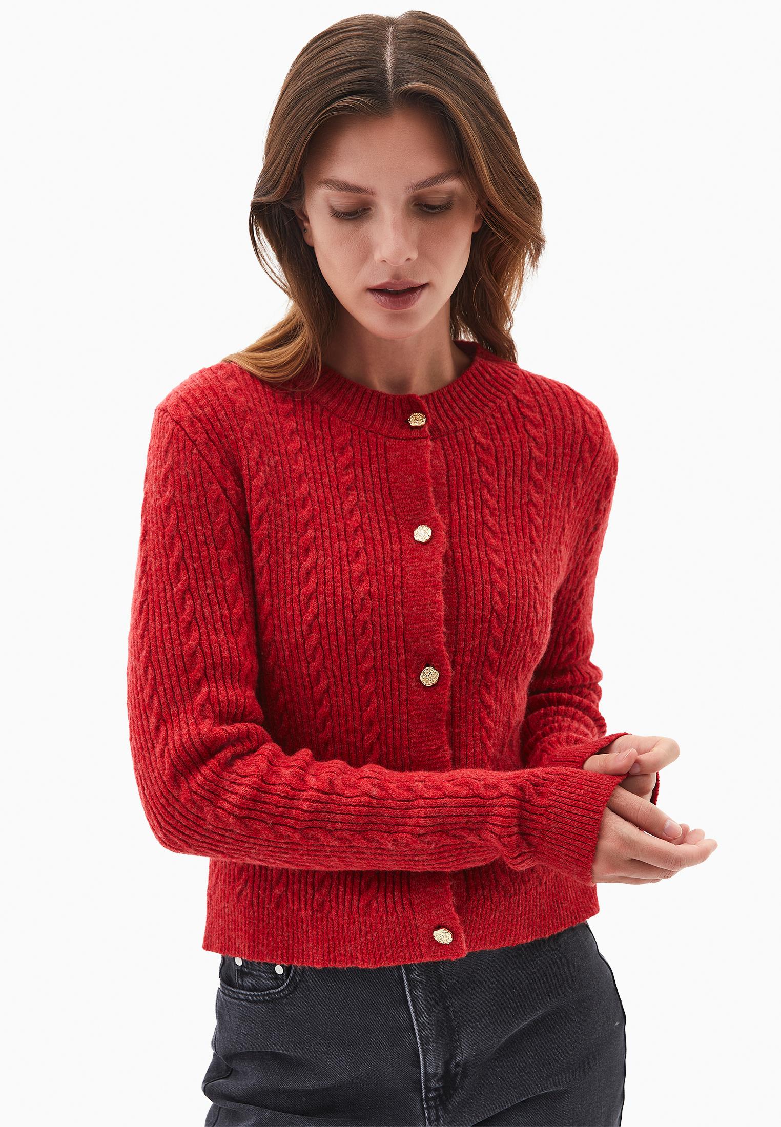 Crew Neck Cardigan With Knit Details - AMERICAN BEAUTY