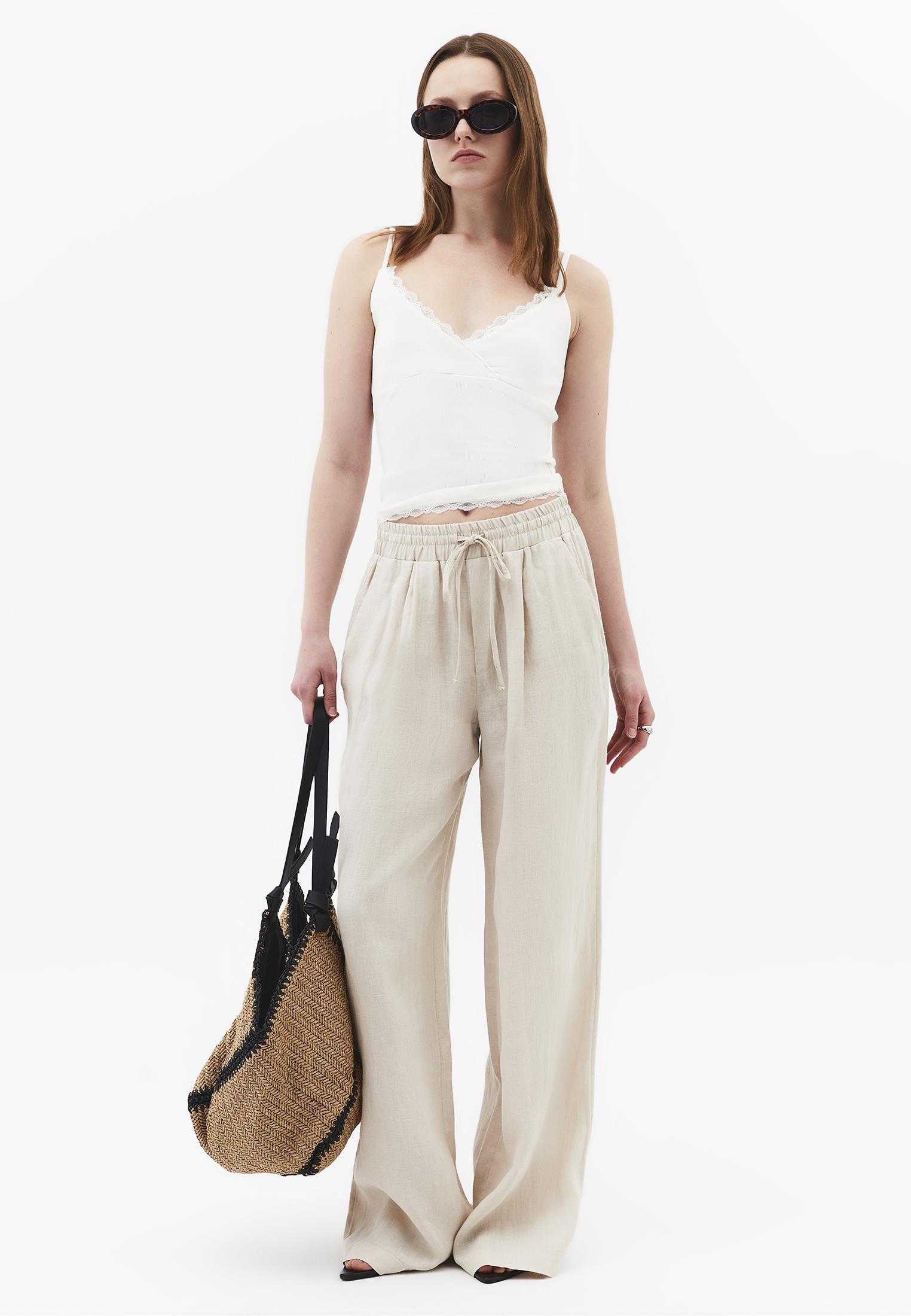 Wide Leg Ultra High Waist Tie Pants - ANCIENT SCROLL