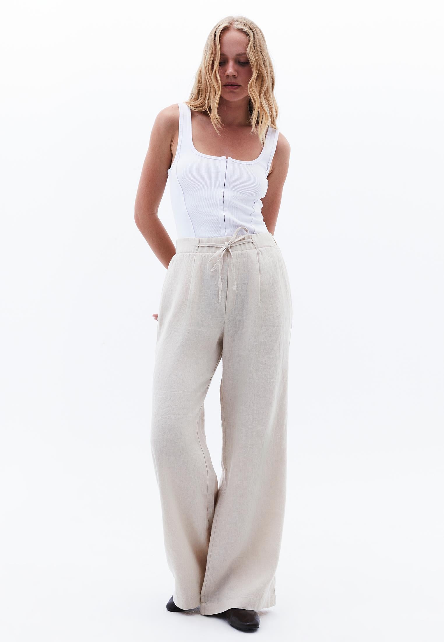 High Waist Belted Linen Wide Leg Pants - ANCIENT SCROLL