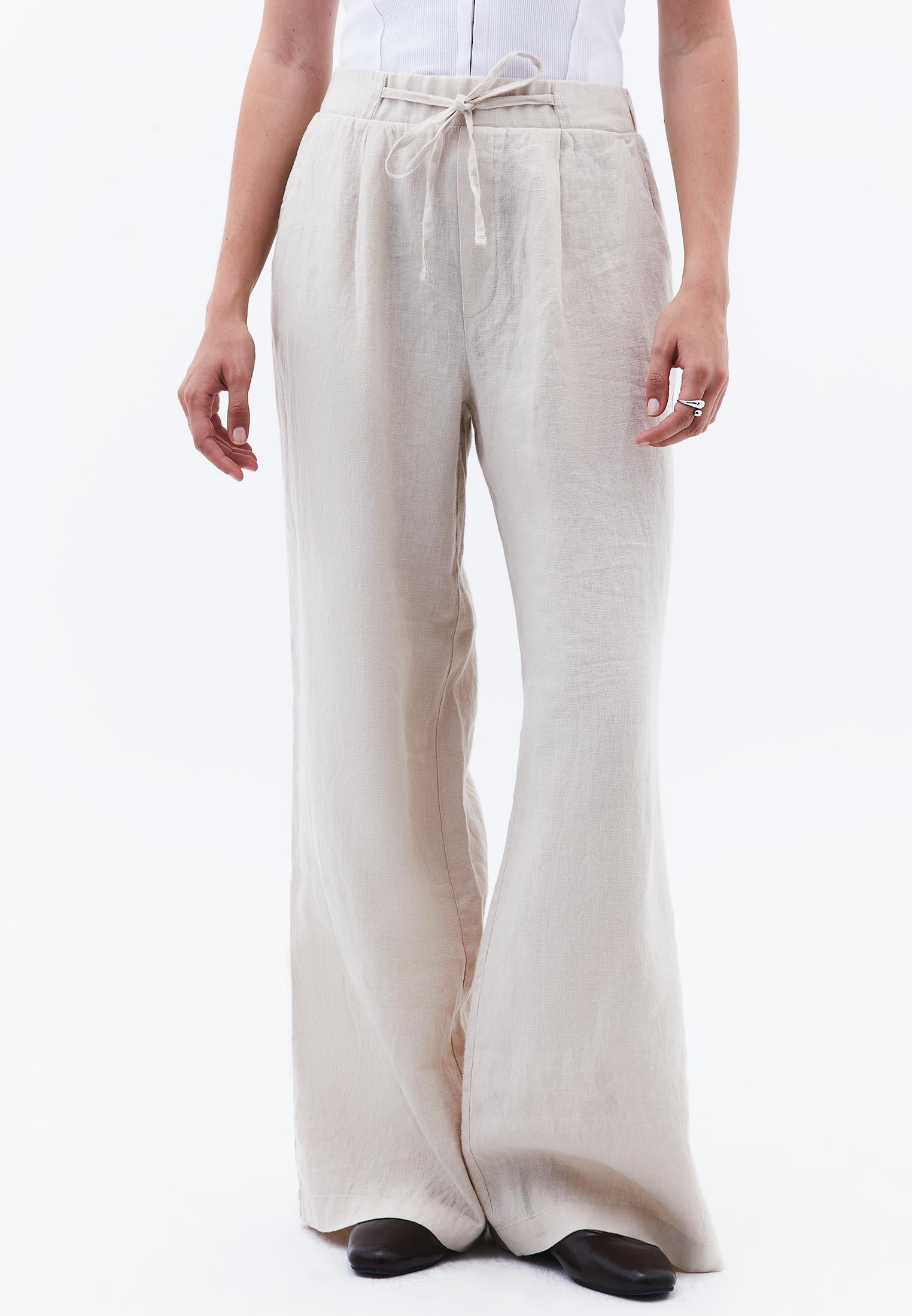 High Waist Belted Linen Wide Leg Pants - ANCIENT SCROLL