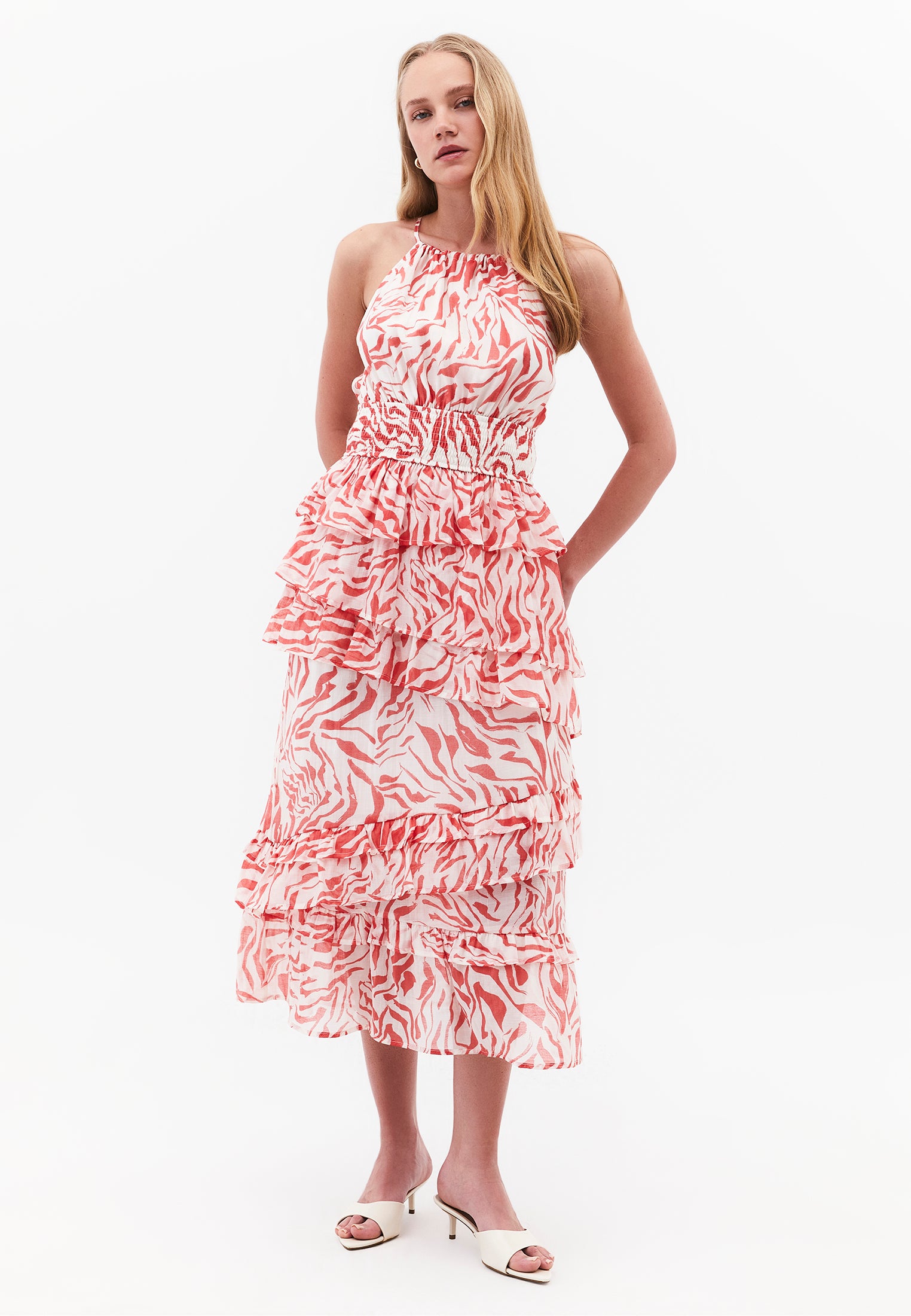 Square Neck Printed Maxi Long Dress With Ruffle Details - ANIMAL COMB