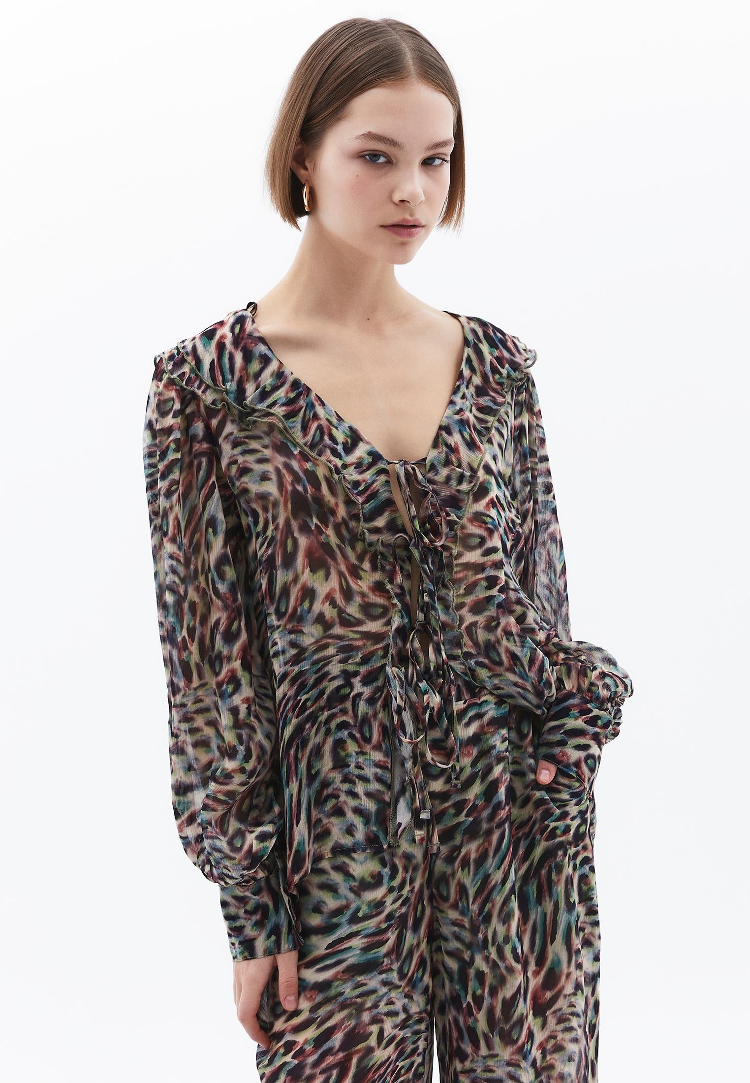 Ruffled Tie V Neck Blouse - ANIMAL COMB