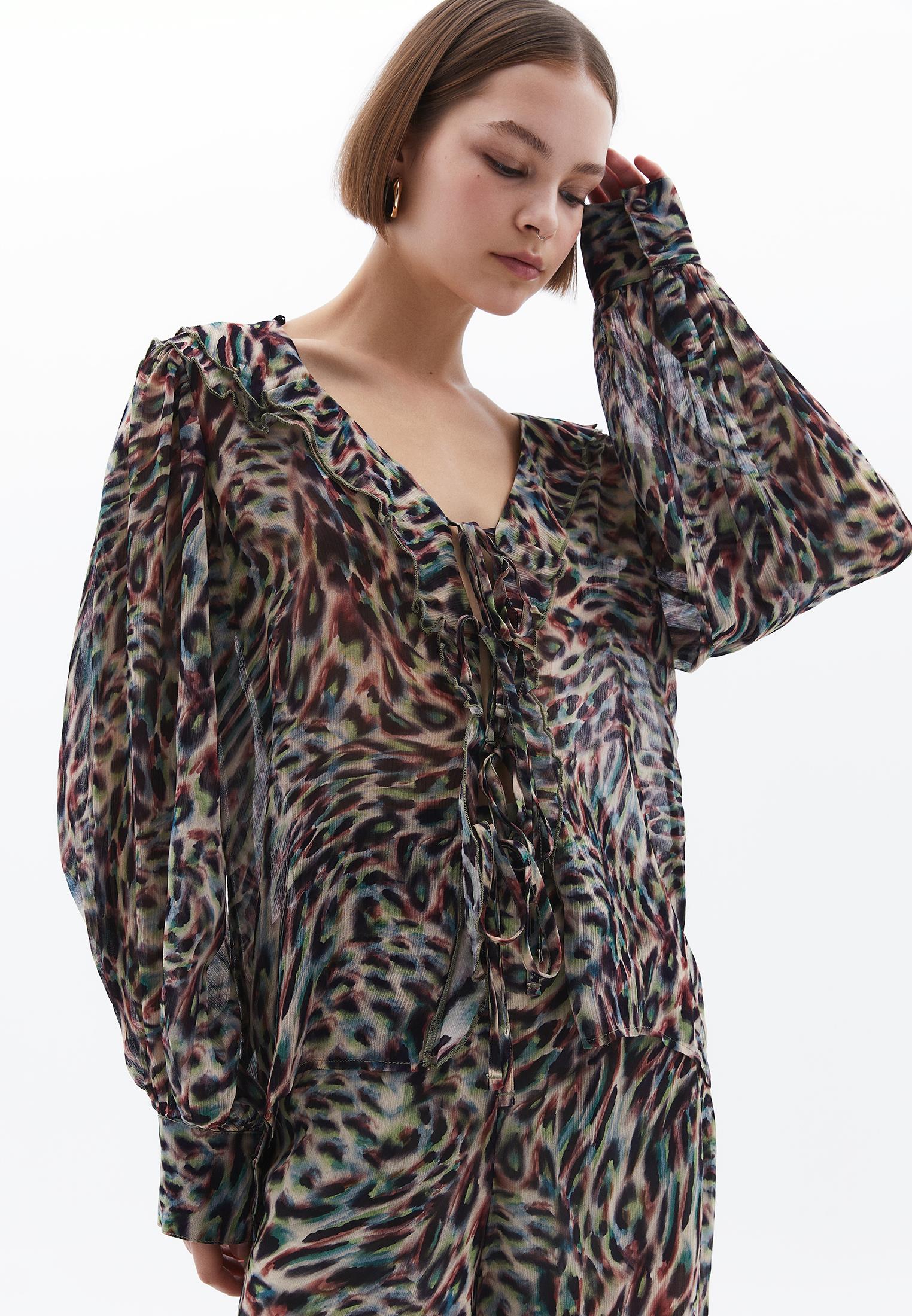 Ruffled Tie V Neck Blouse - ANIMAL COMB