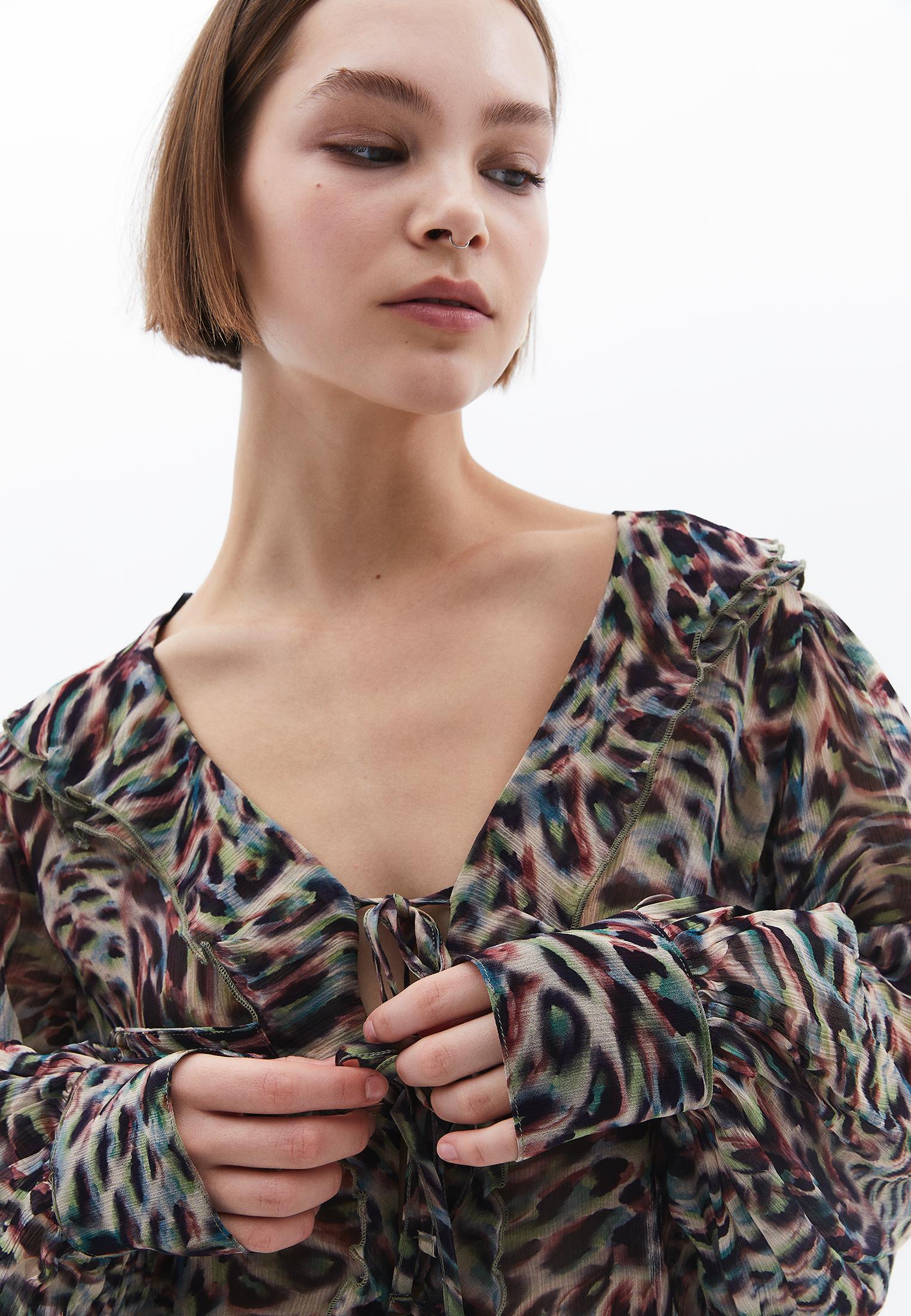Ruffled Tie V Neck Blouse - ANIMAL COMB