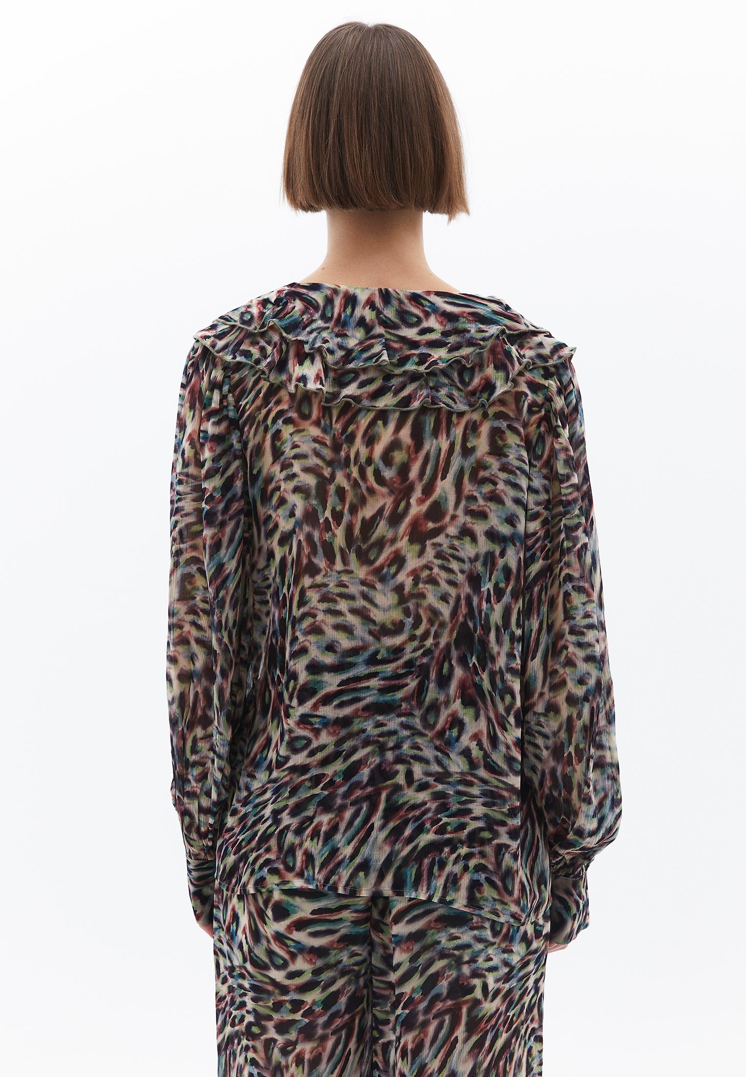 Ruffled Tie V Neck Blouse - ANIMAL COMB