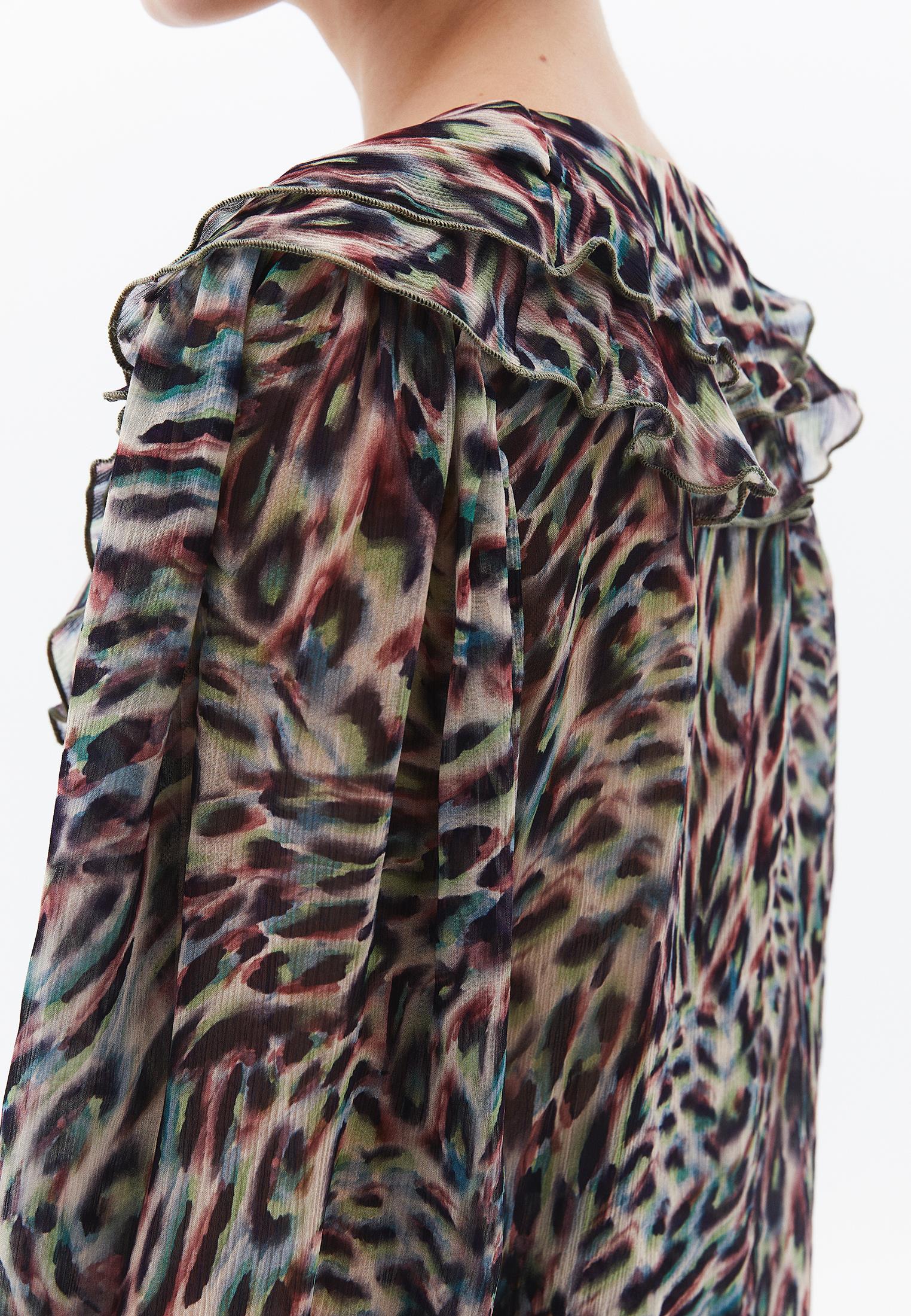 Ruffled Tie V Neck Blouse - ANIMAL COMB
