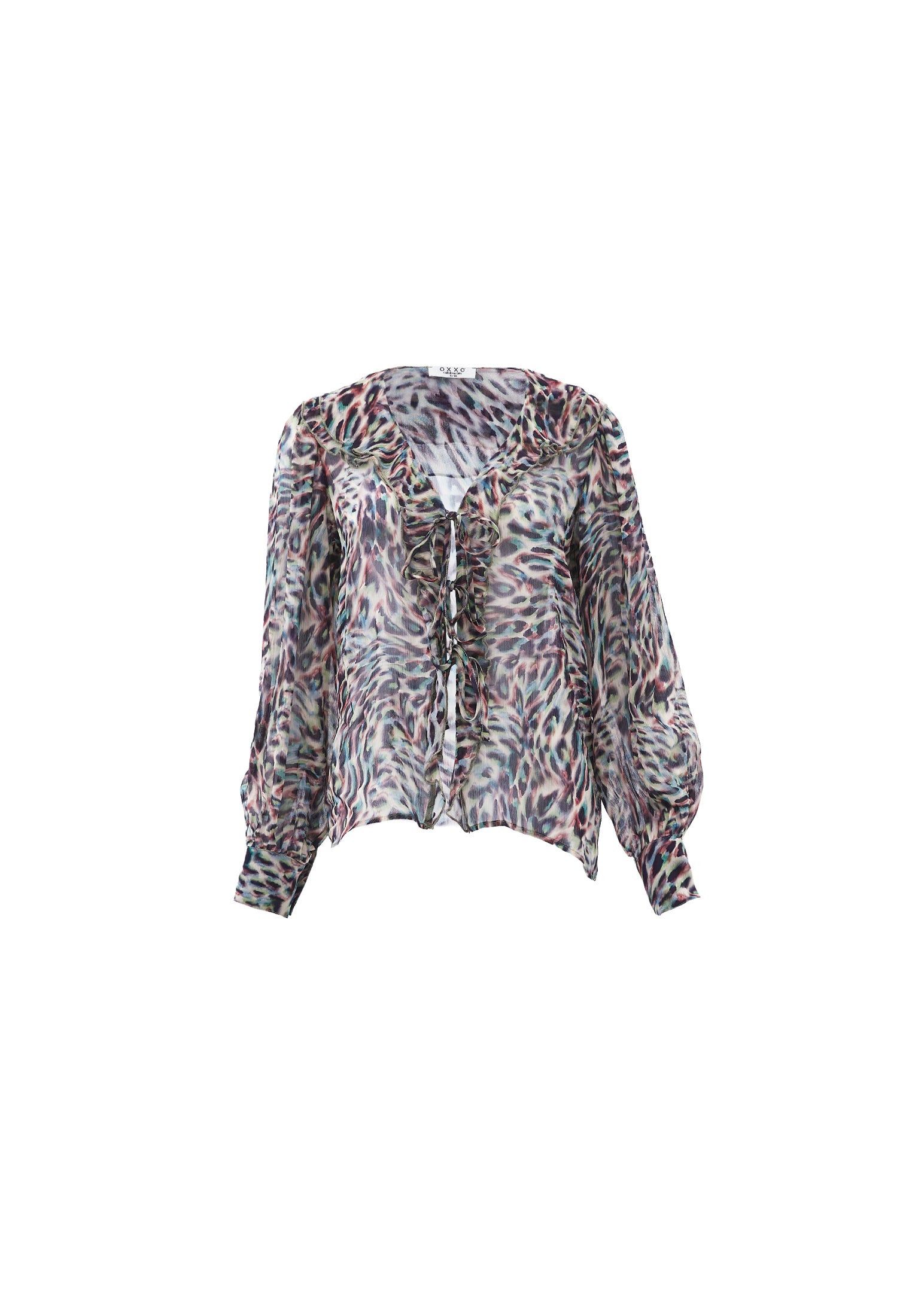 Ruffled Tie V Neck Blouse - ANIMAL COMB