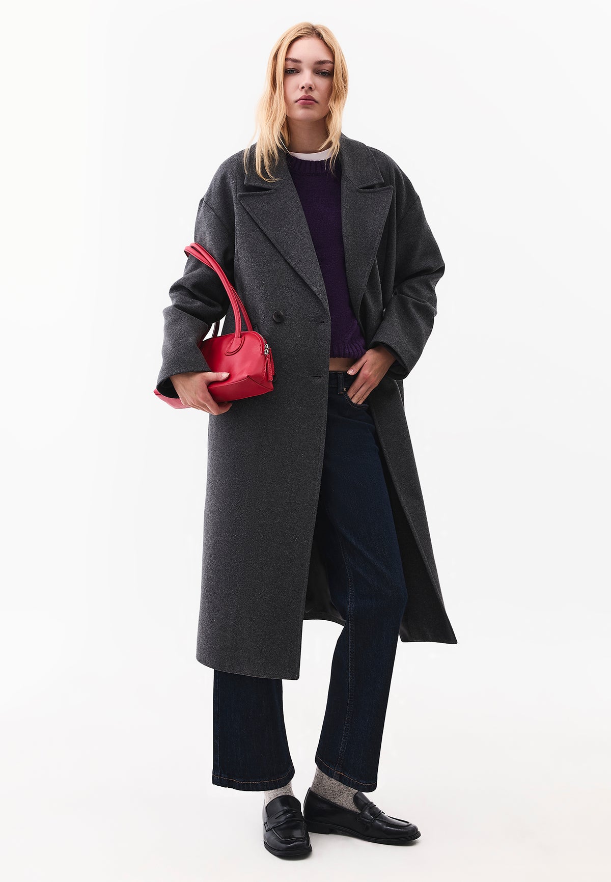 Long Double Breasted Pocket Detail Coat - ANTHRA MELANGE