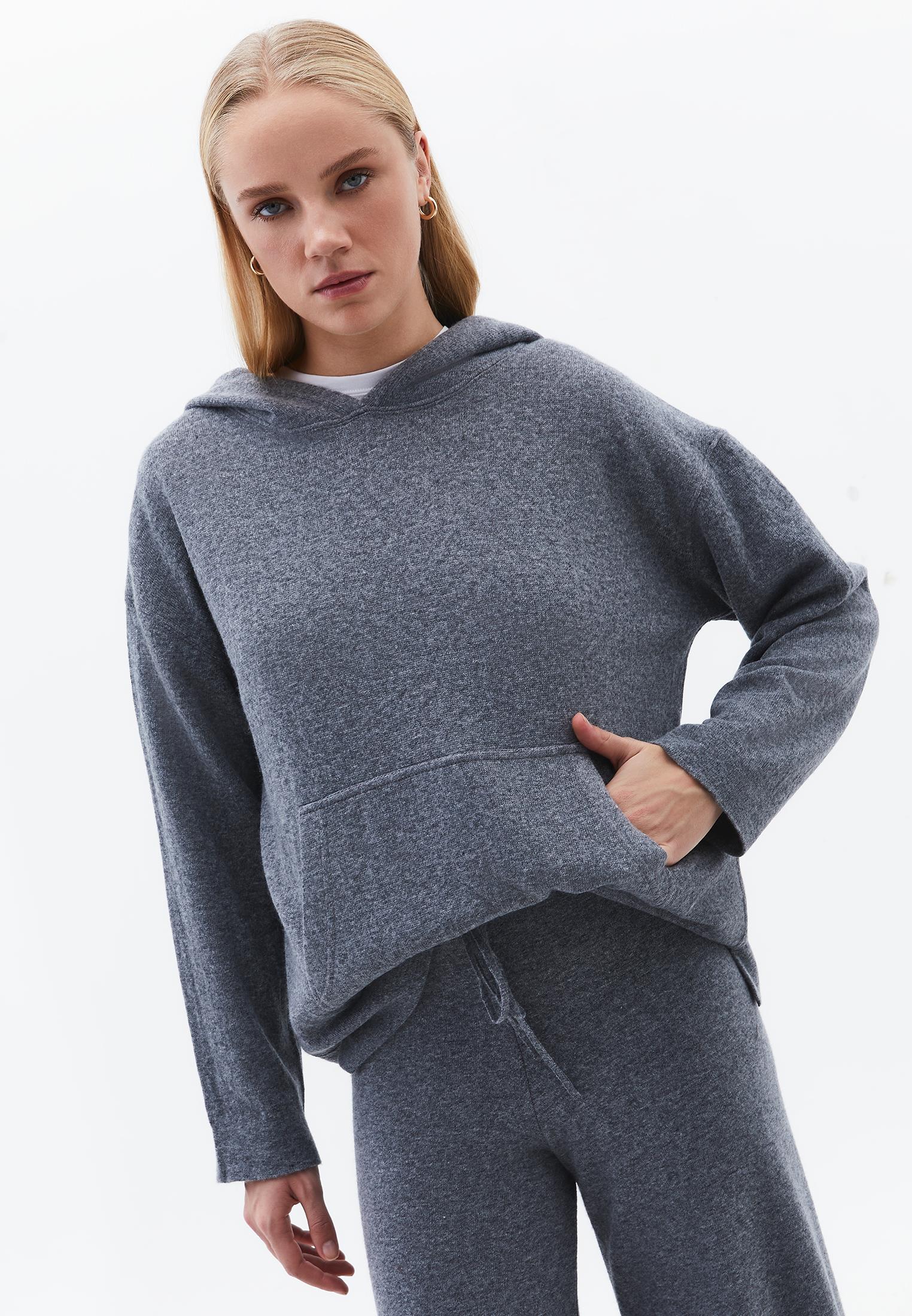 Hooded Long Sleeve Comfortable Sweater - ANTHRA MELANGE