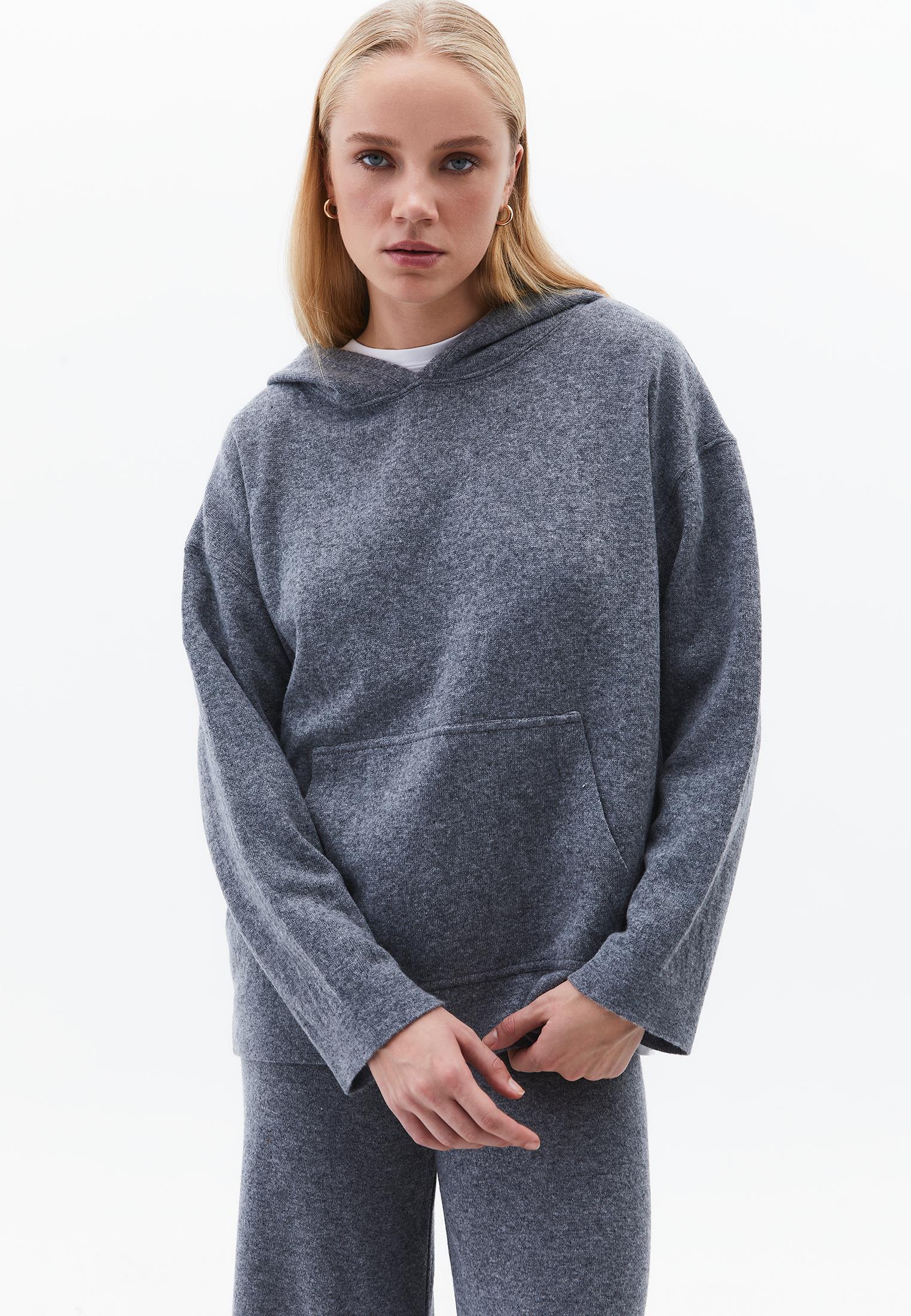 Hooded Long Sleeve Comfortable Sweater - ANTHRA MELANGE