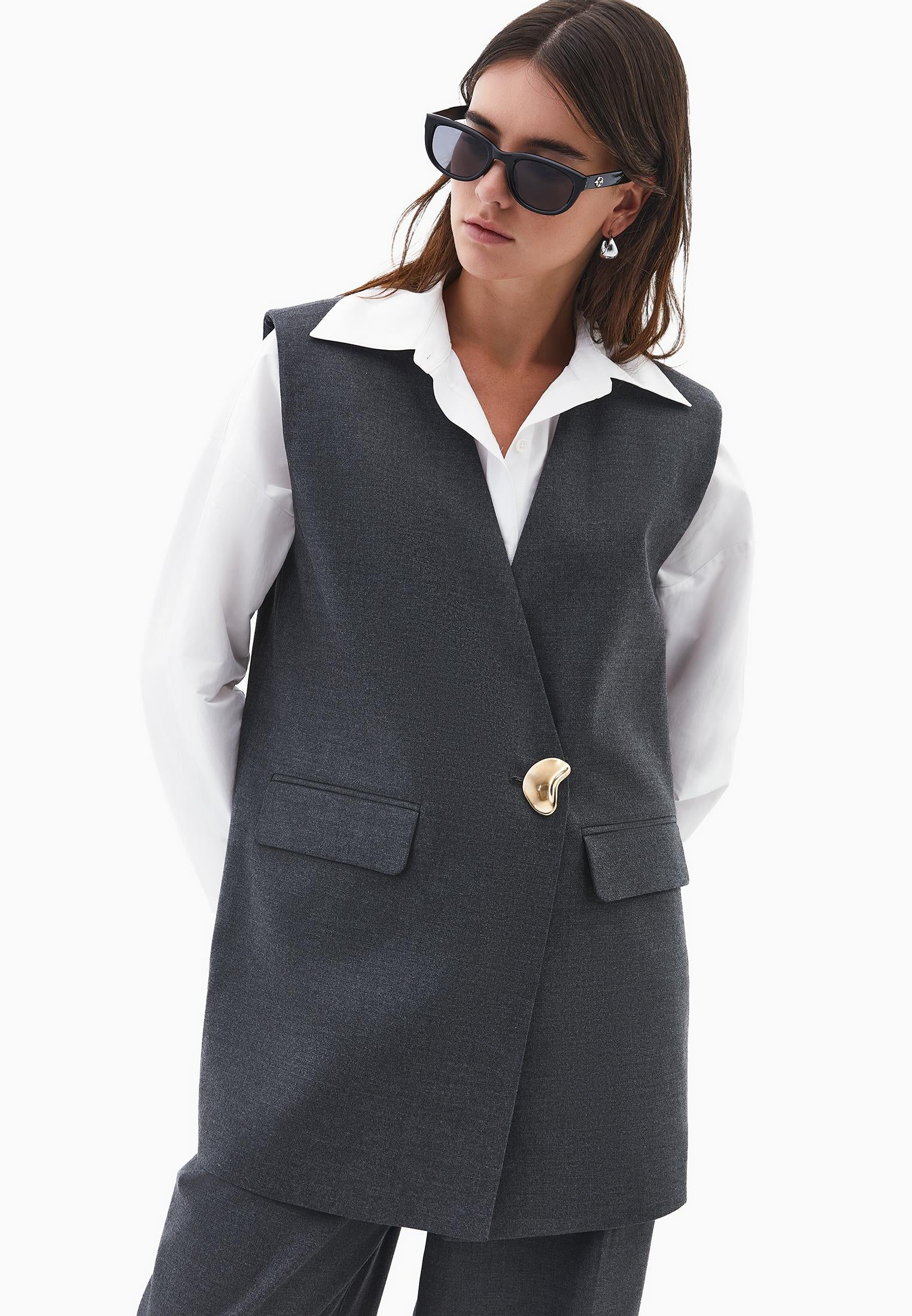V Neck Button Detailed Oversize Vest - ANTHRA MELANGE