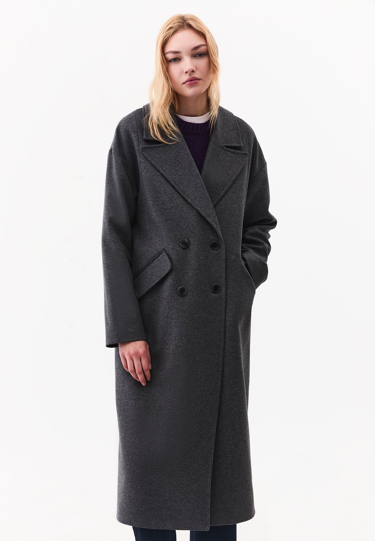 Long Double Breasted Pocket Detail Coat - ANTHRA MELANGE