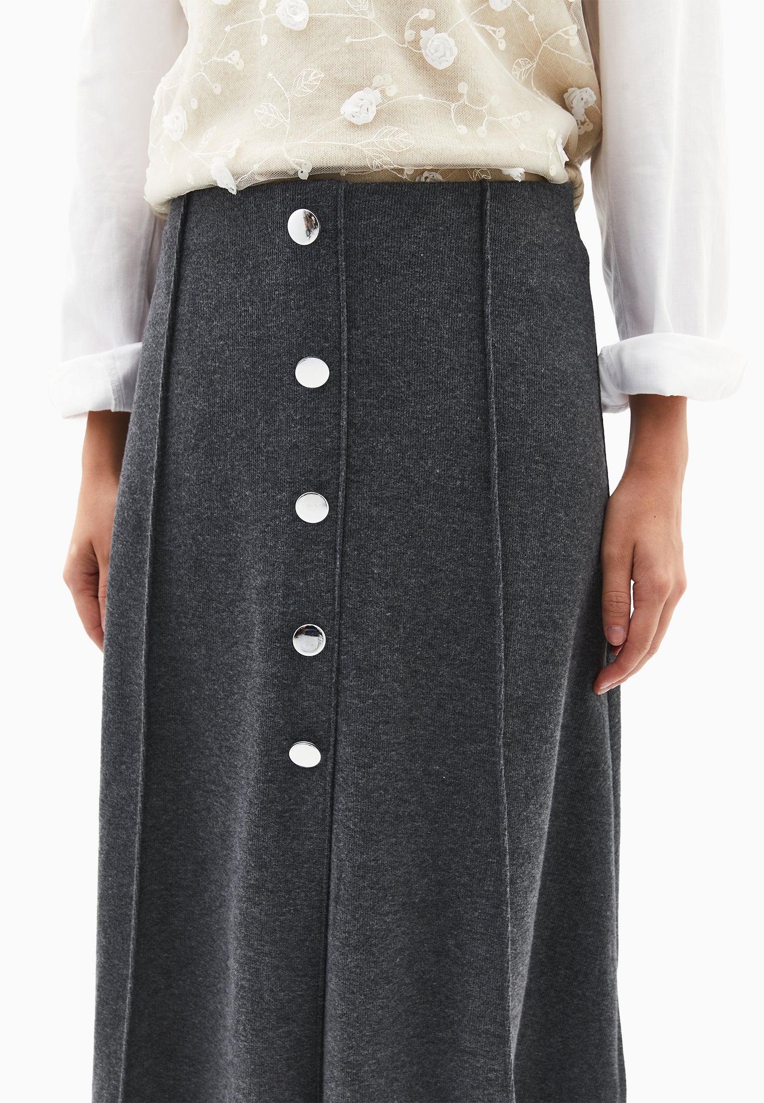 Mid Waist Flared Midi Skirt - ANTHRA MELANGE