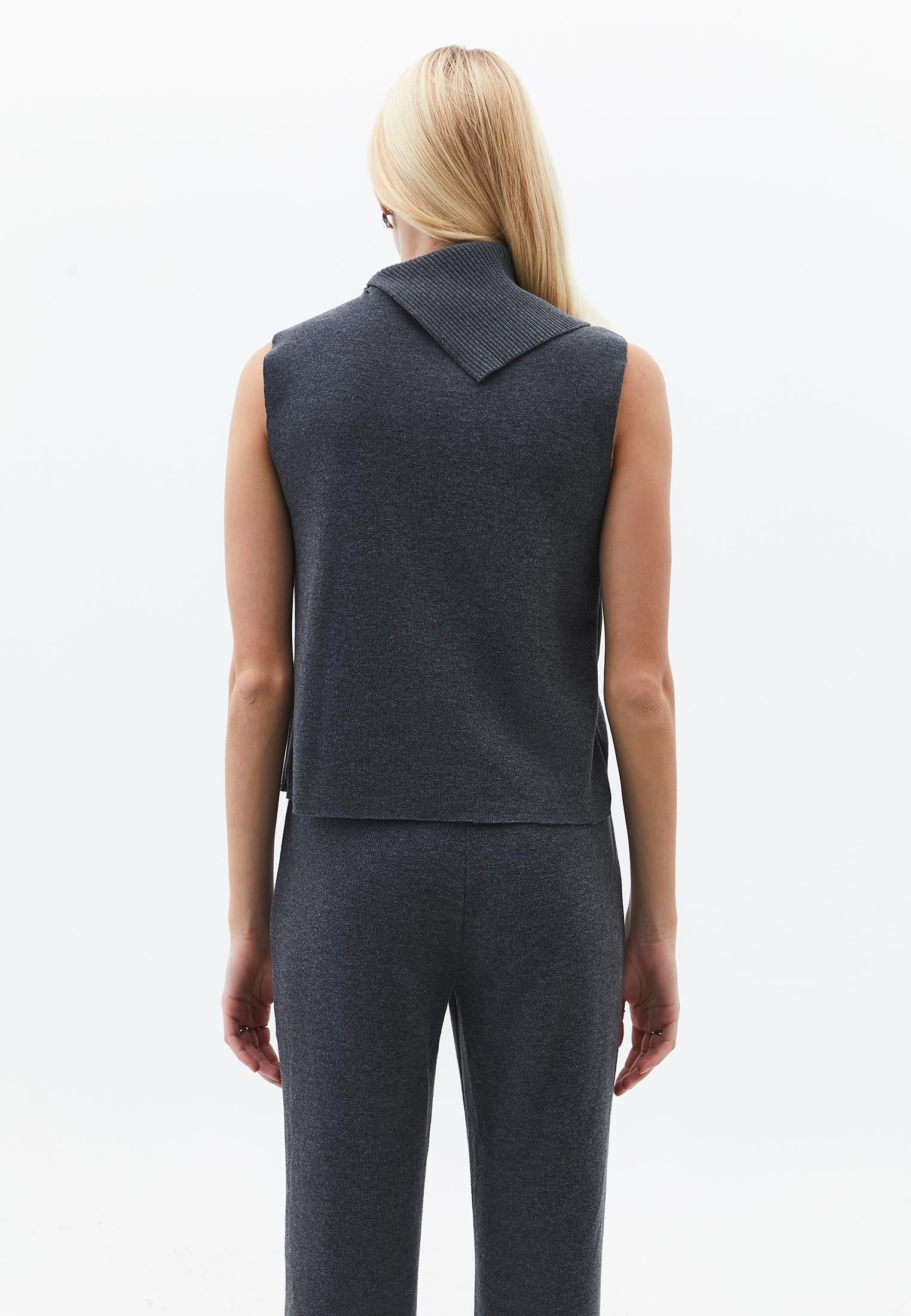 High Collar Vest With Button Details - ANTHRA MELANGE