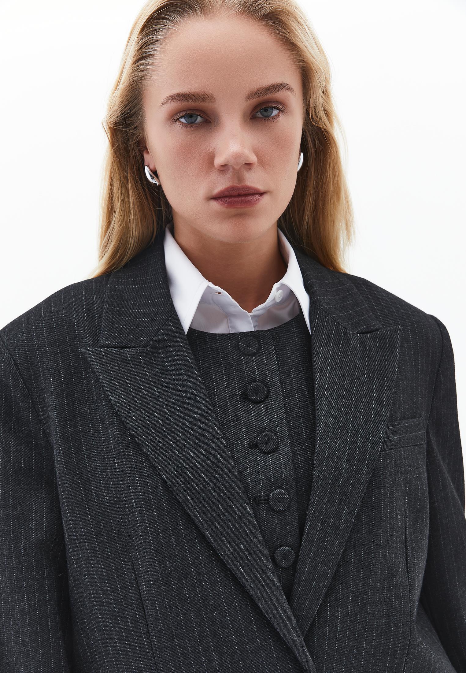 Boyfriend Fit Long Blazer - ANTHRA STRIPE