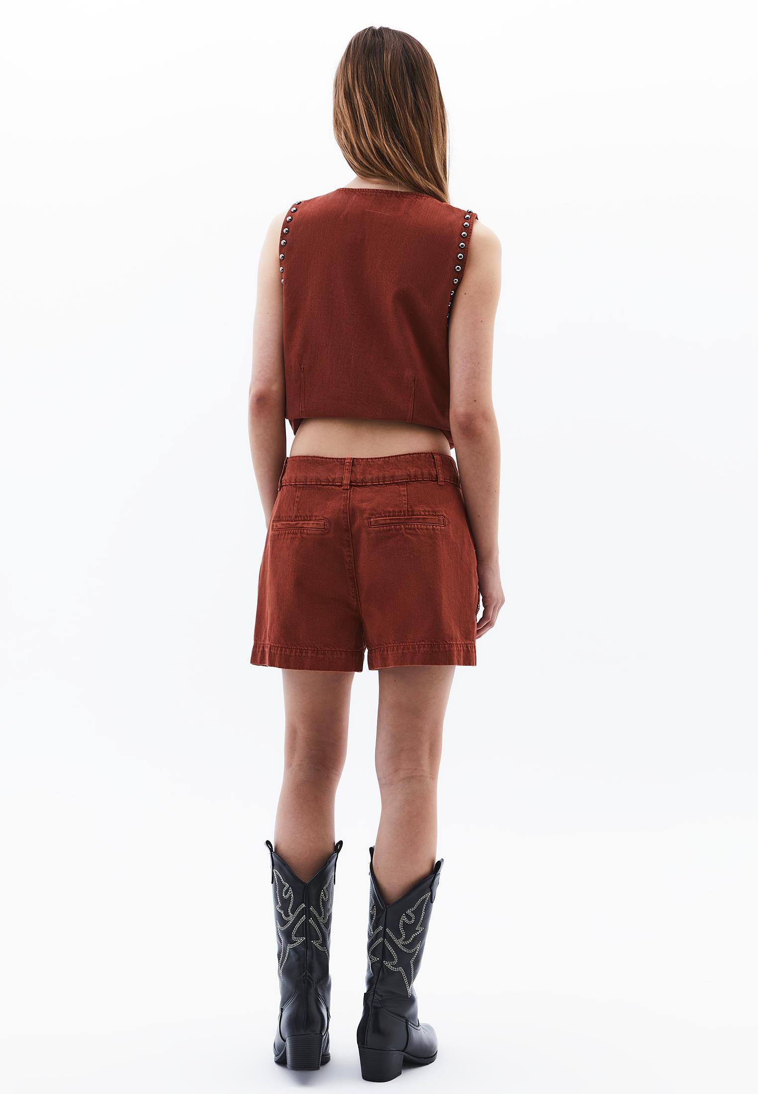 Ultra High Waist Rivet Detailed Shorts - ANTIK BRANDY BROWN