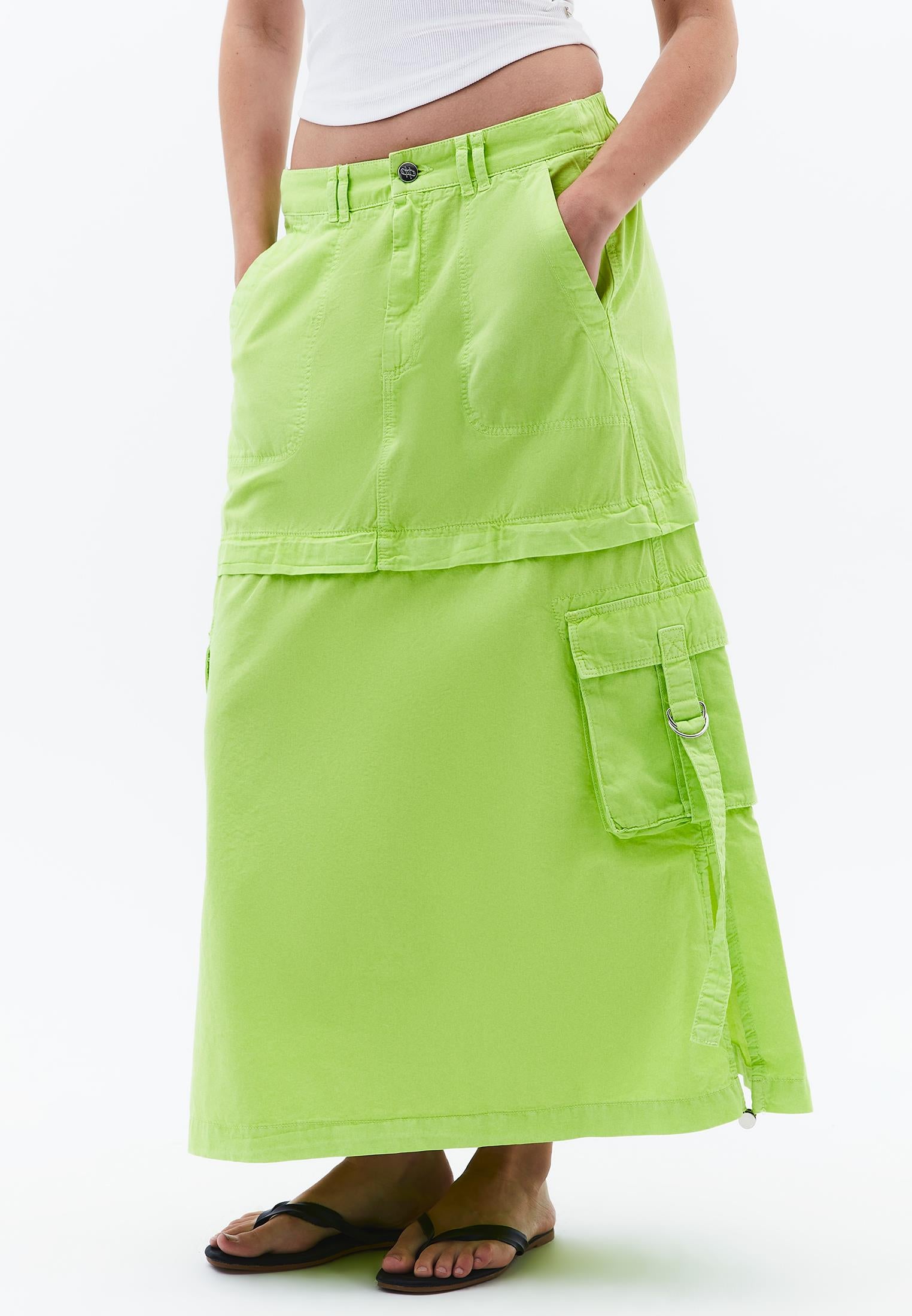 Long A-Line Cargo Skirt With Buckle Detail - ANTIK LETTUCE GREEN