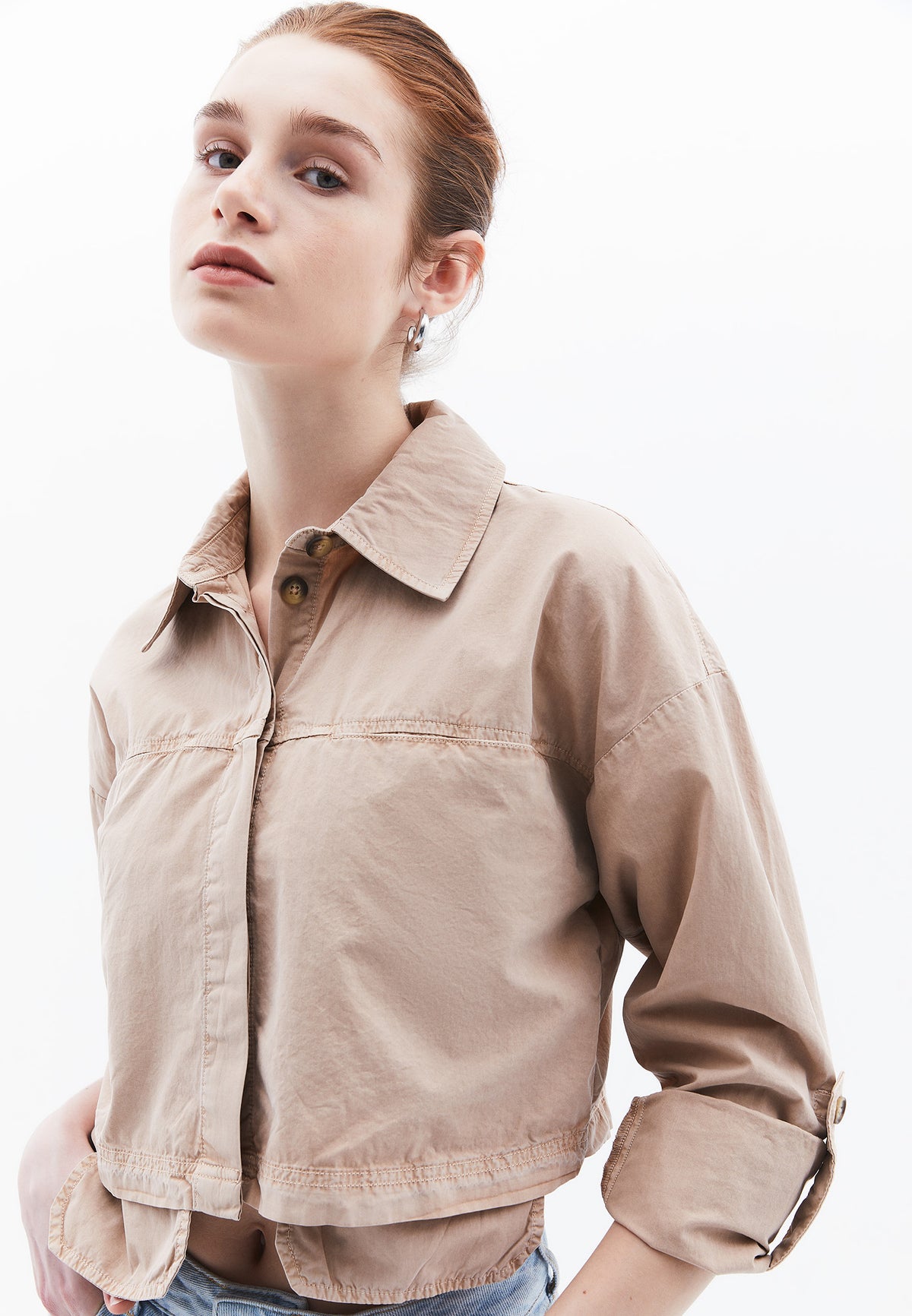 Pocketed Loose Fit Cropped Shirt - ANTIK WARM TAUPE
