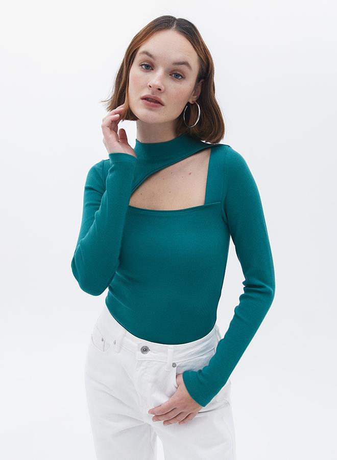 High Neck Long Sleeve Bodycon T-Shirt - ANTIQUE GREEN