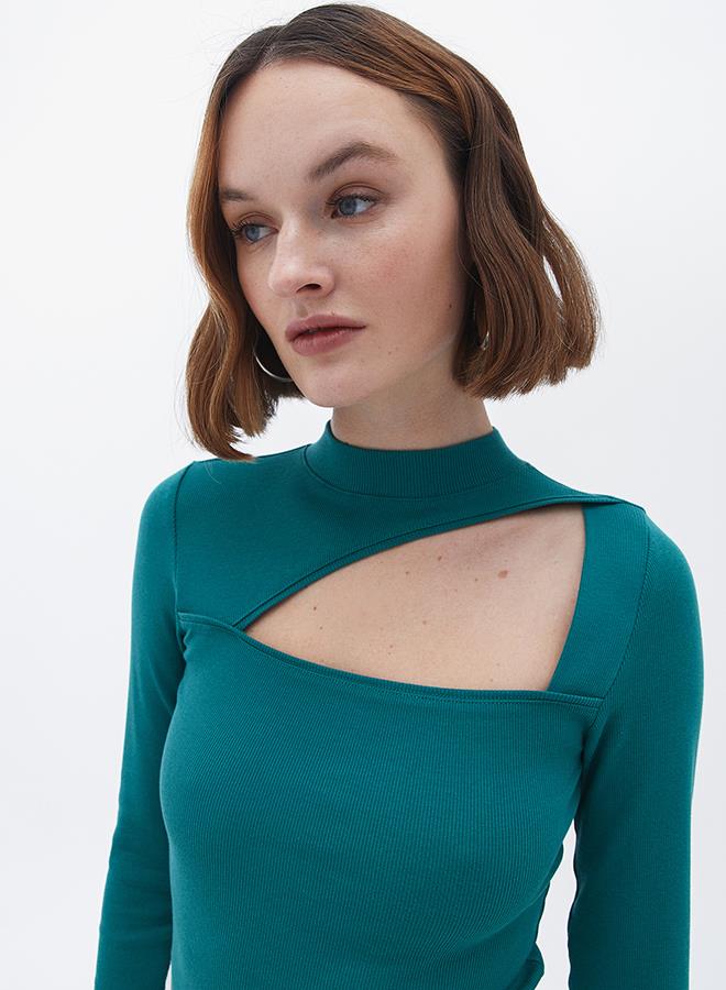 High Neck Long Sleeve Bodycon T-Shirt - ANTIQUE GREEN