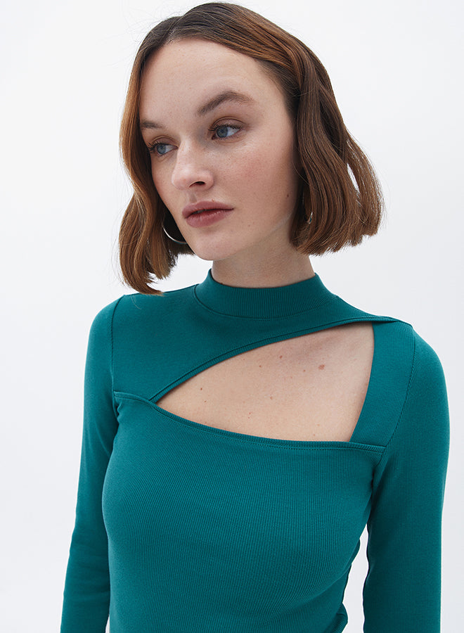 High Neck Long Sleeve Bodycon T-Shirt - ANTIQUE GREEN