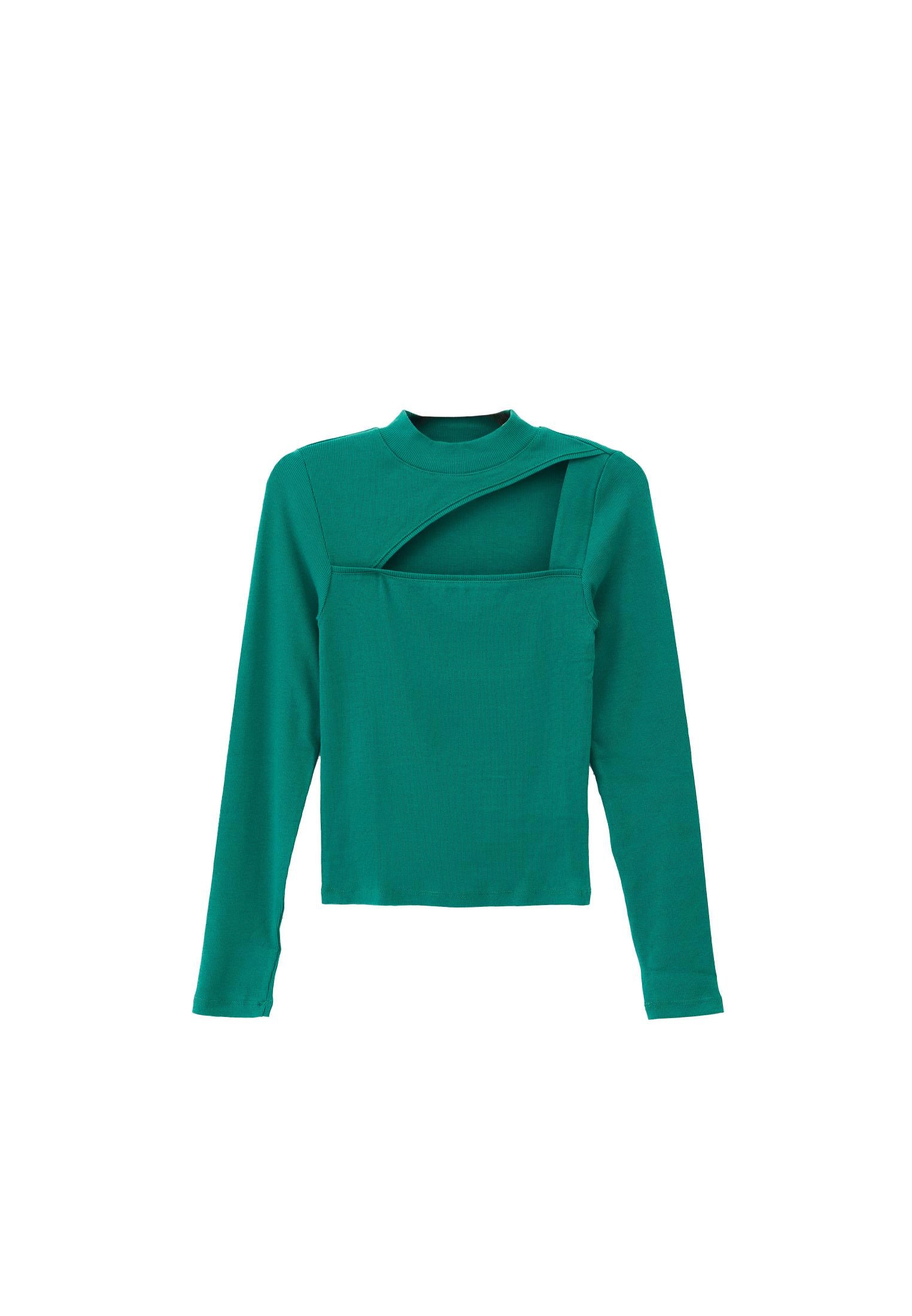 High Neck Long Sleeve Bodycon T-Shirt - ANTIQUE GREEN