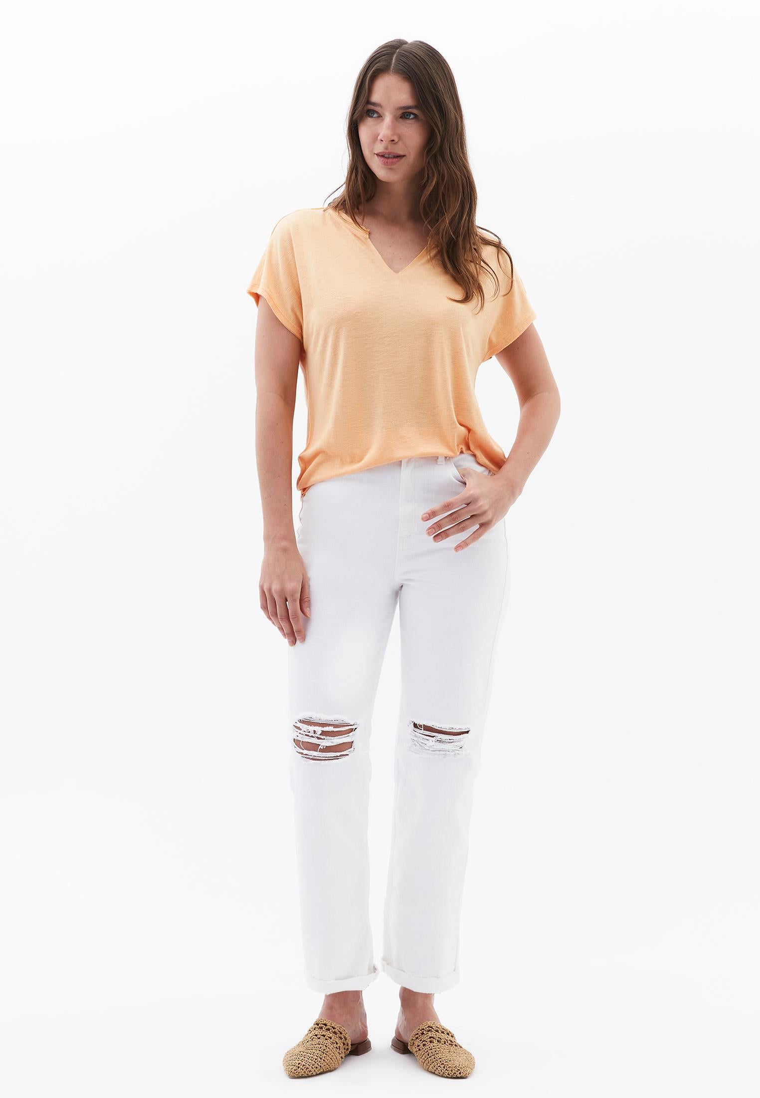 V Neck Short Sleeve T-Shirt - APRICOT NECTAR