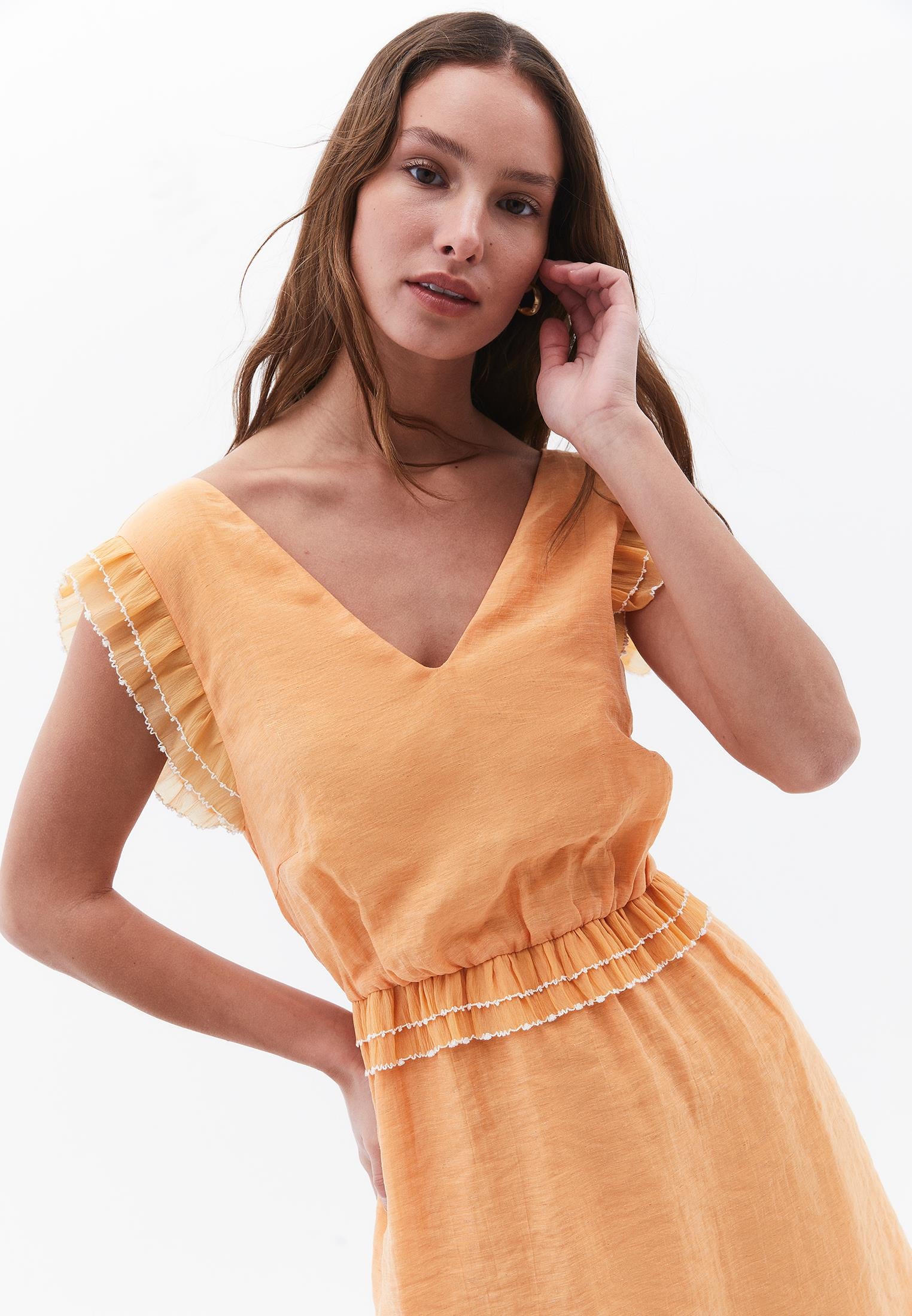 V Neck Sleeveless Ruffled Maxi Dress - APRICOT NECTAR