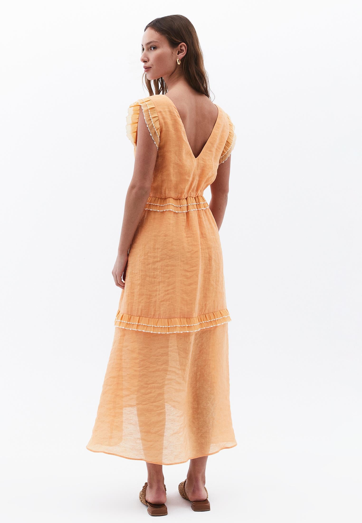 V Neck Sleeveless Ruffled Maxi Dress - APRICOT NECTAR