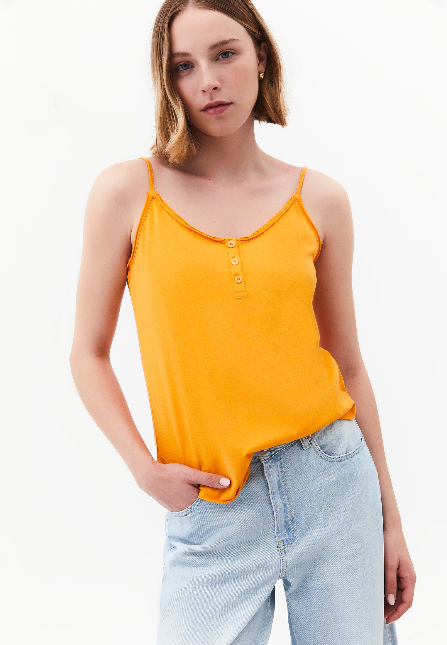 Loose V-Neck Top With Button Details - APRICOT