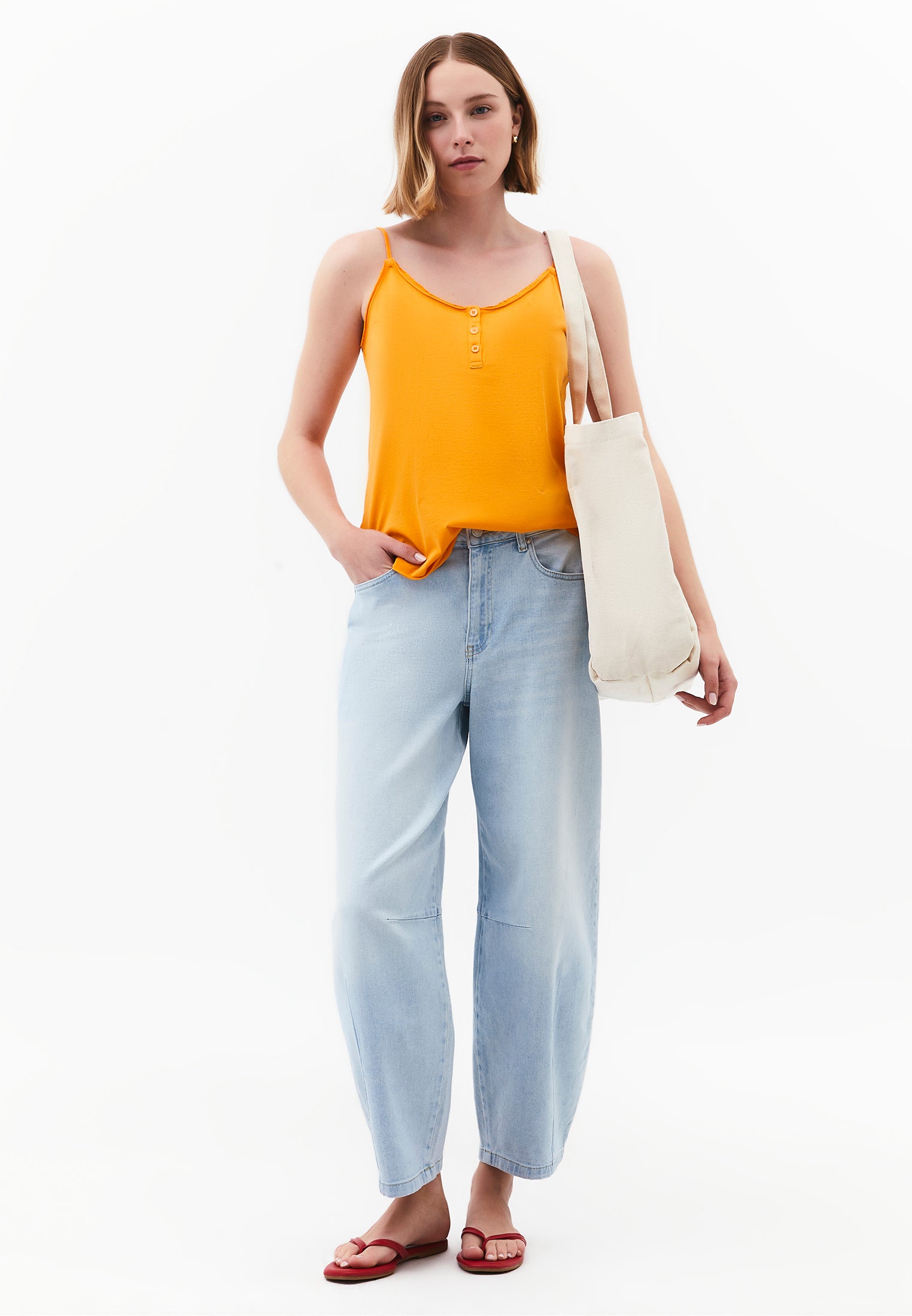 Loose V-Neck Top With Button Details - APRICOT