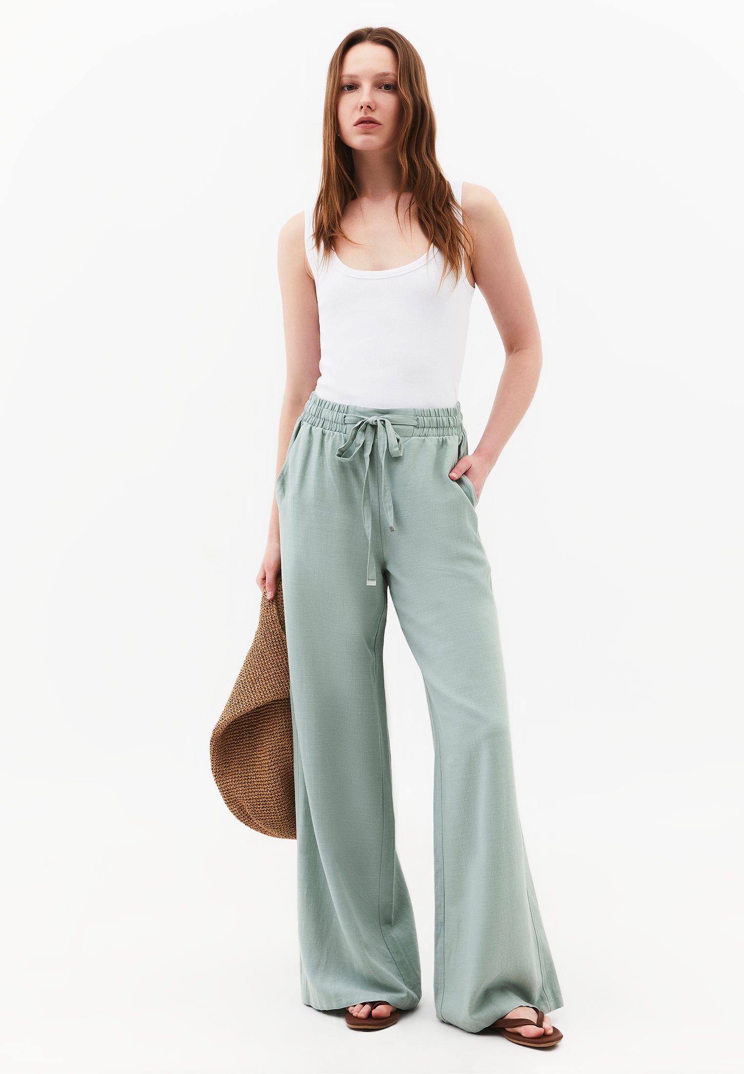 High Waist Wide Leg Elastic Waist Pants - AQUA GRAY