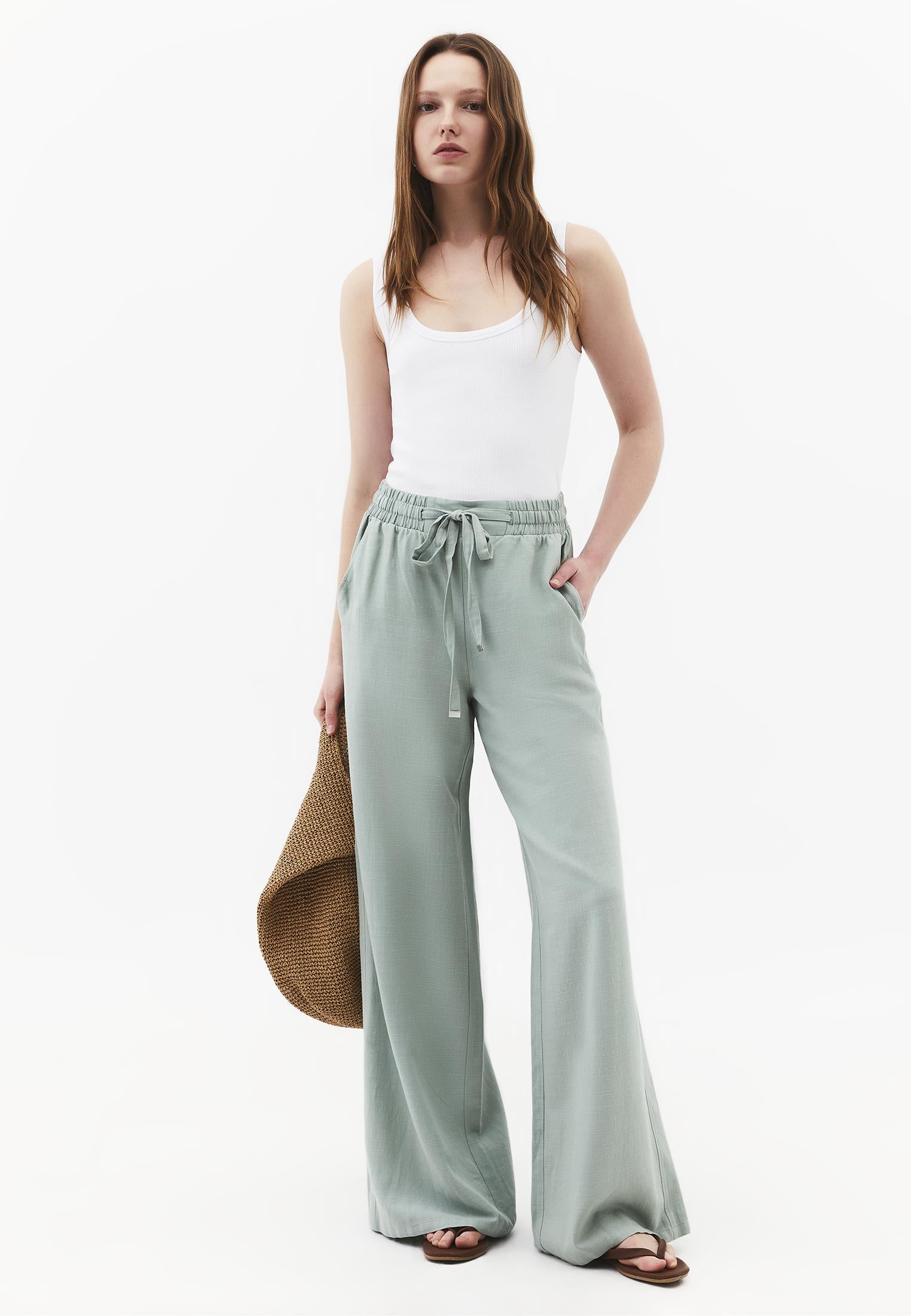 High Waist Wide Leg Elastic Waist Pants - AQUA GRAY