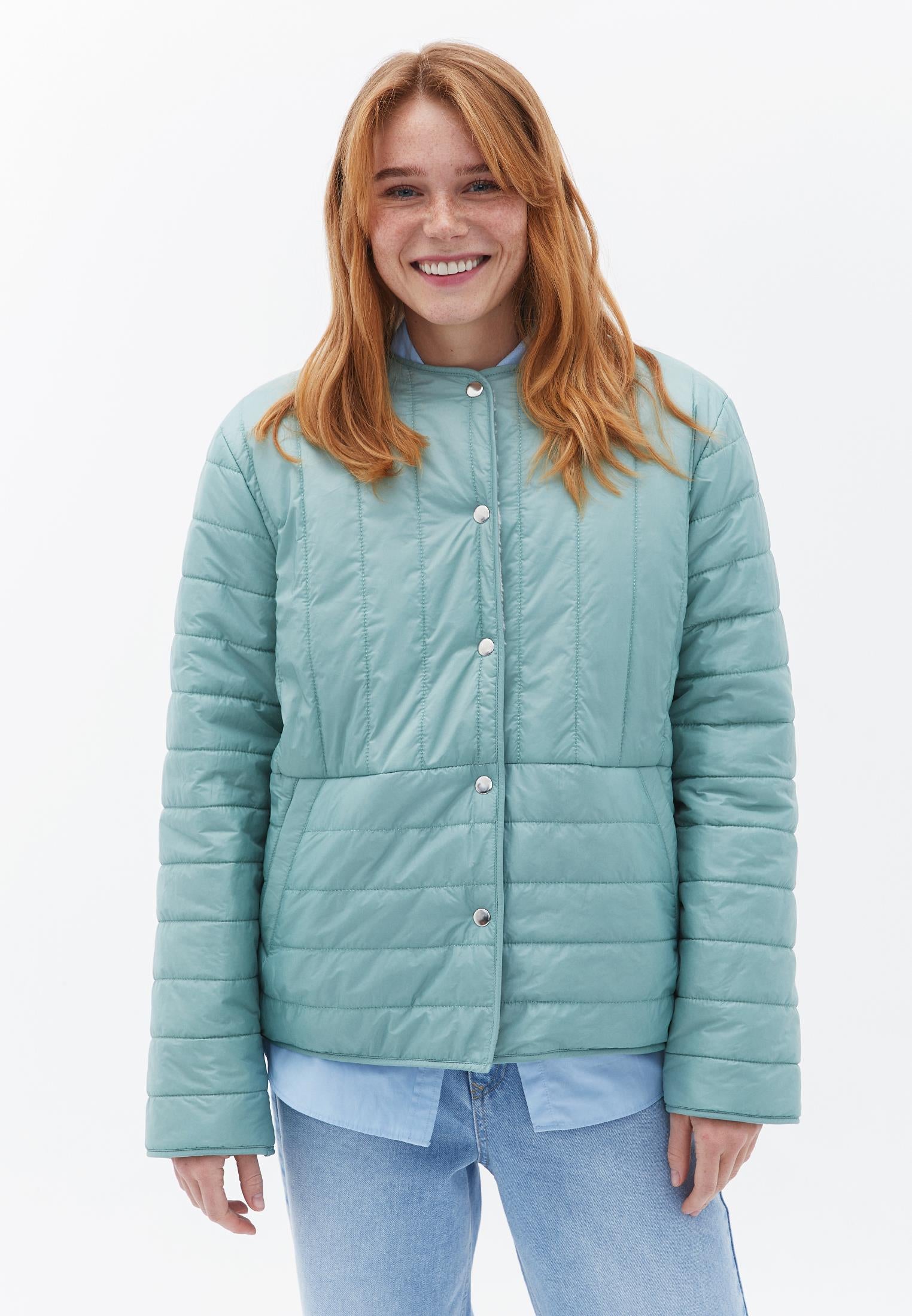 Crew Neck Long Sleeve Quilted Faux Fur Jacket - AQUA GRAY