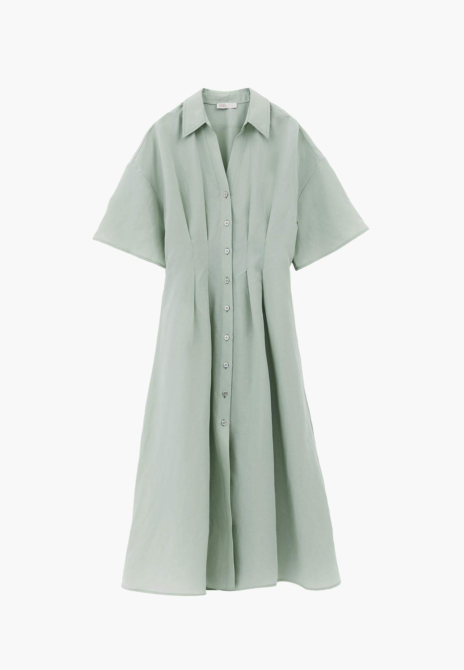 Shirt Collar Batwing Sleeve Pleated Long Dress - AQUA GRAY