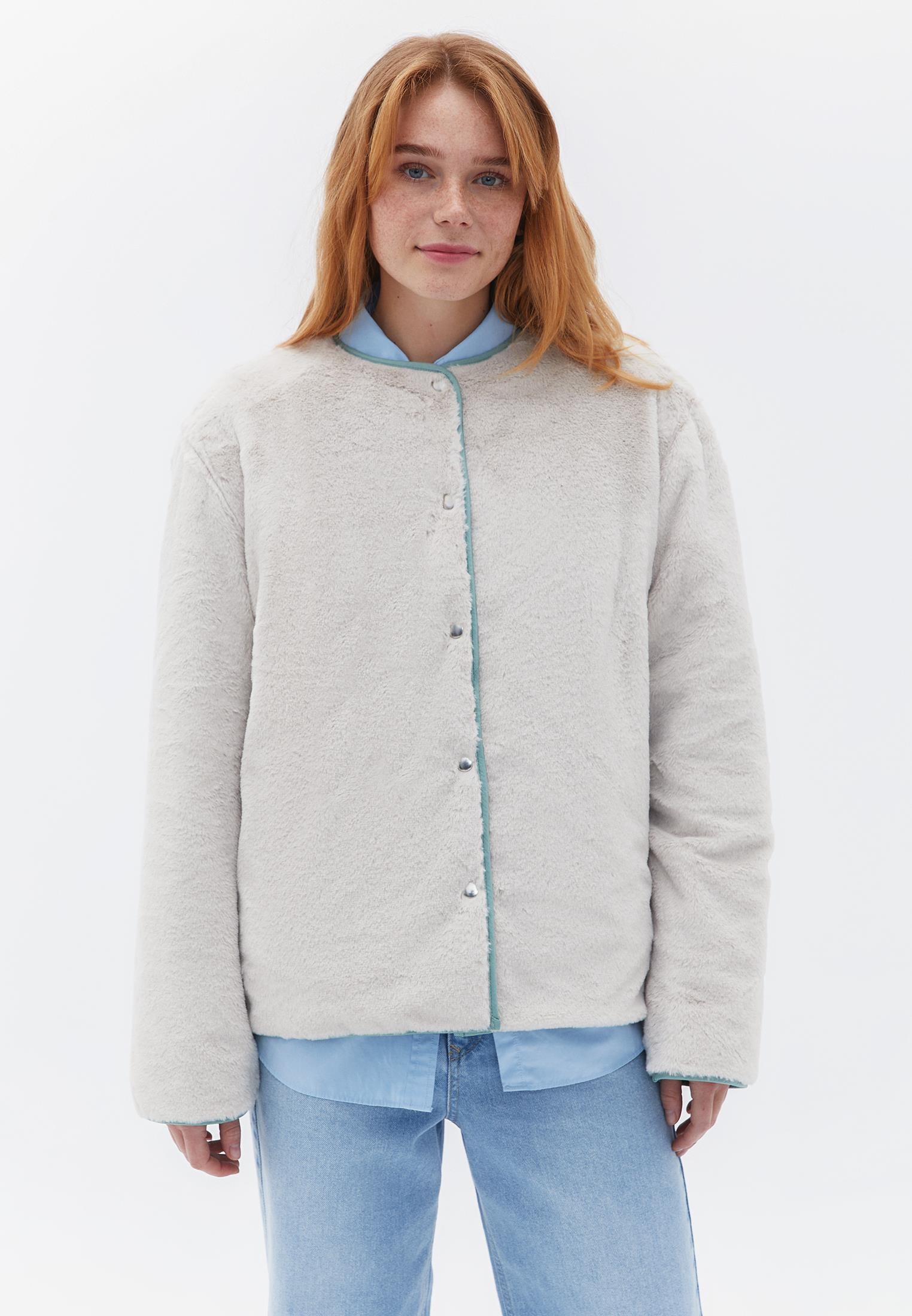 Crew Neck Long Sleeve Quilted Faux Fur Jacket - AQUA GRAY