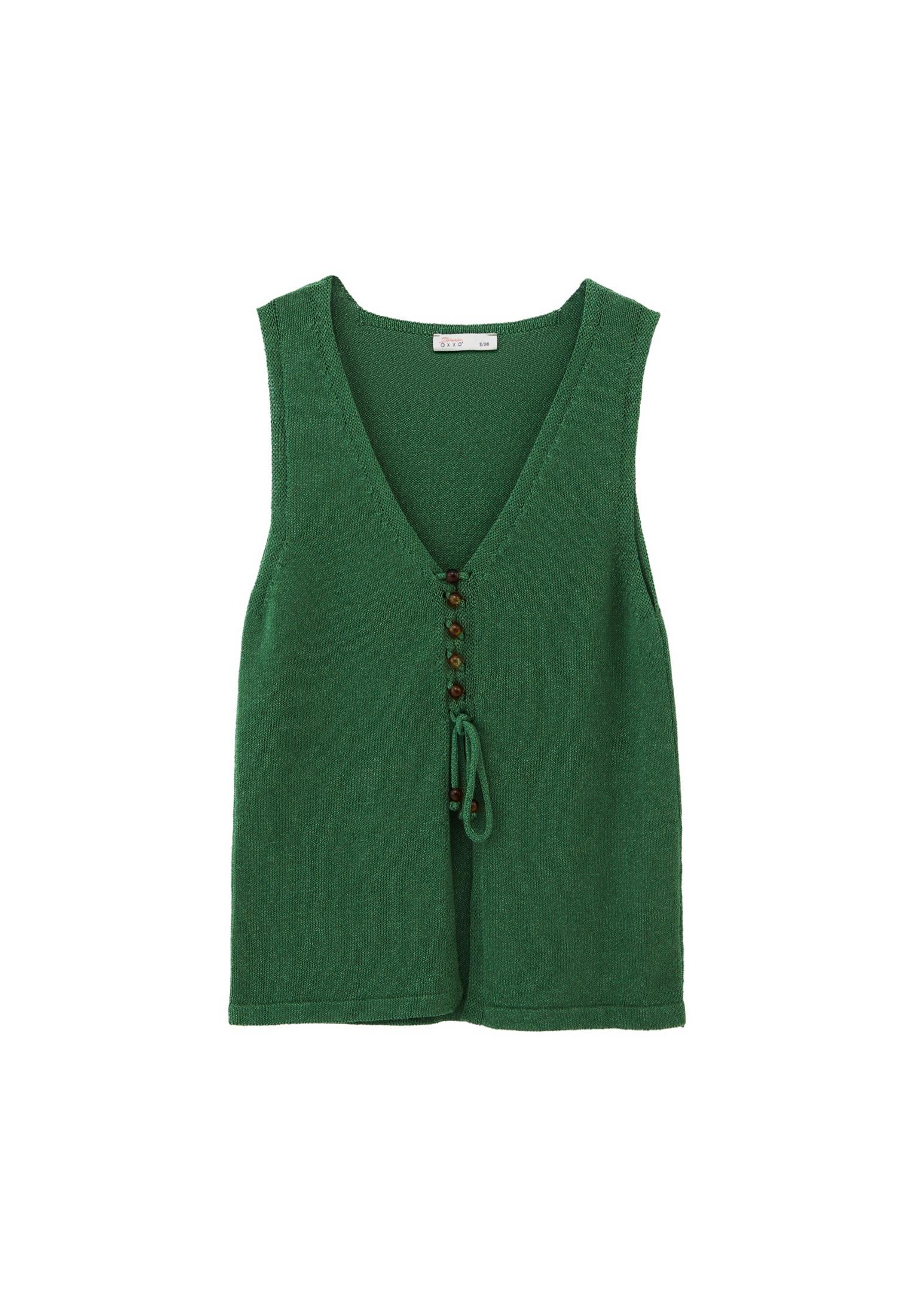 Sleeveless Tunic Vest With Beaded V Neck - ARTICHOKE GREEN