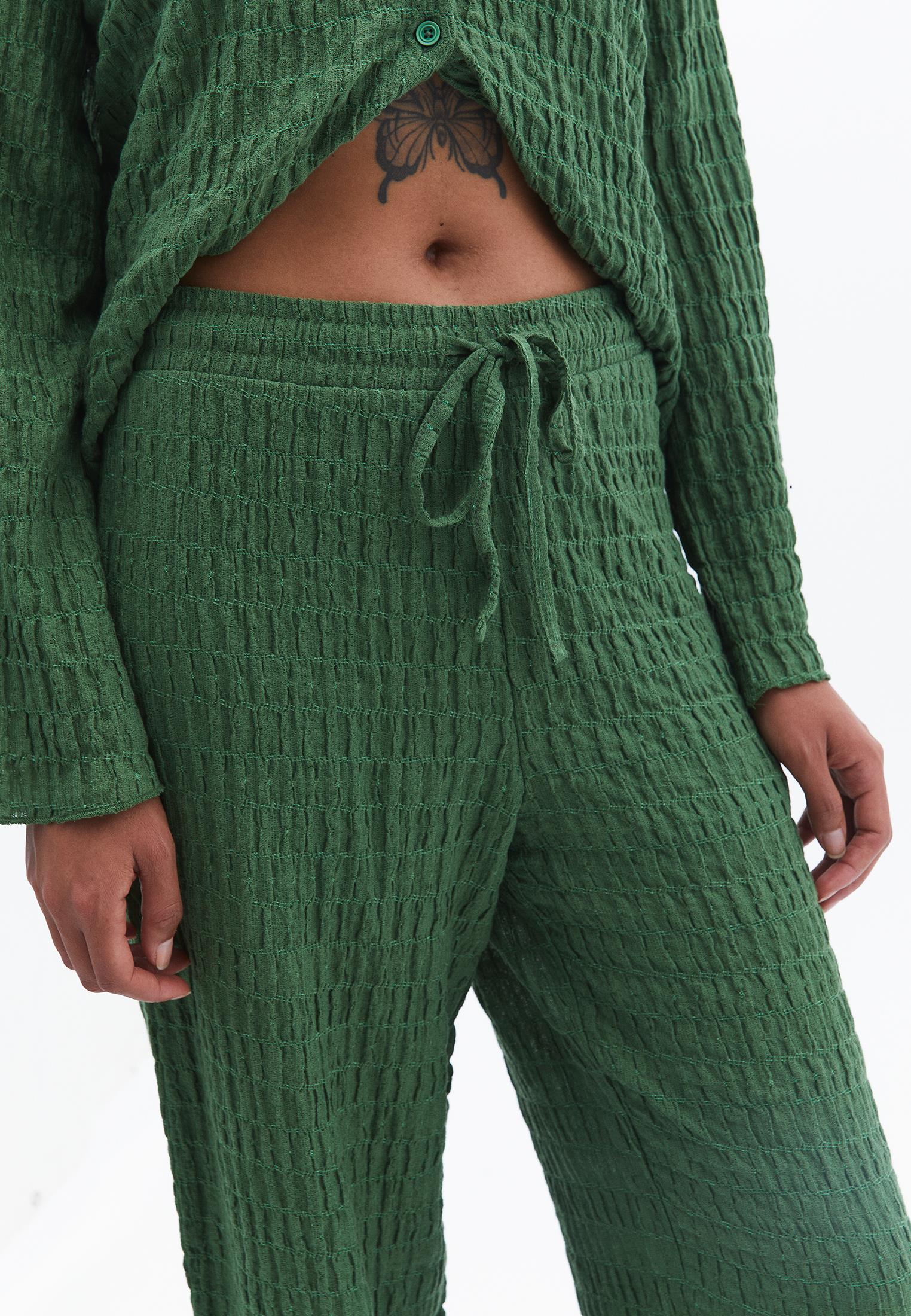 Wide Leg Cotton Pants - ARTICHOKE GREEN
