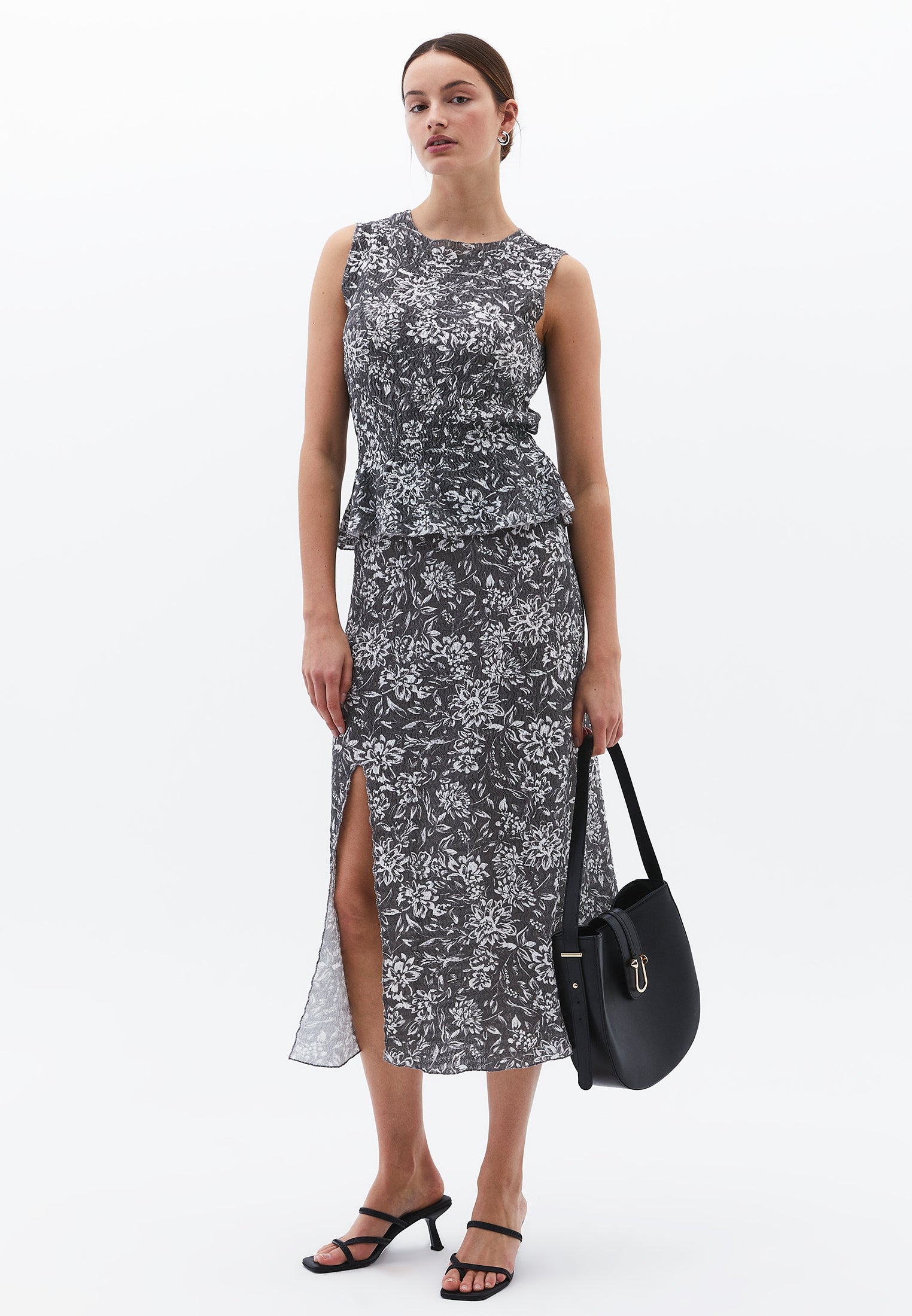 Midi Skirt With Slit Detail High Waist - ASPHALT FLOWER COMB