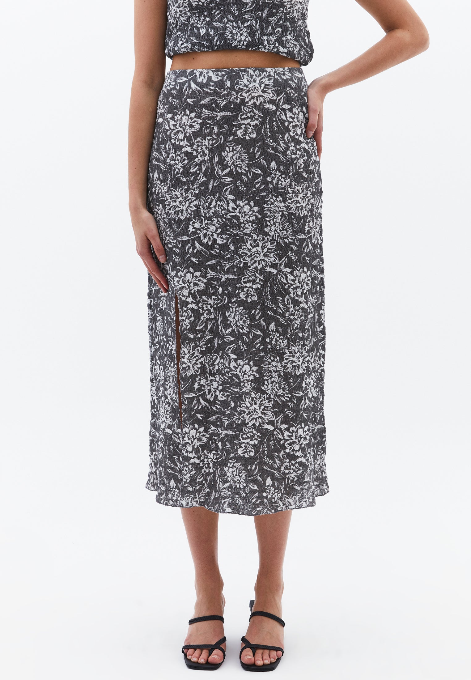 Midi Skirt With Slit Detail High Waist - ASPHALT FLOWER COMB