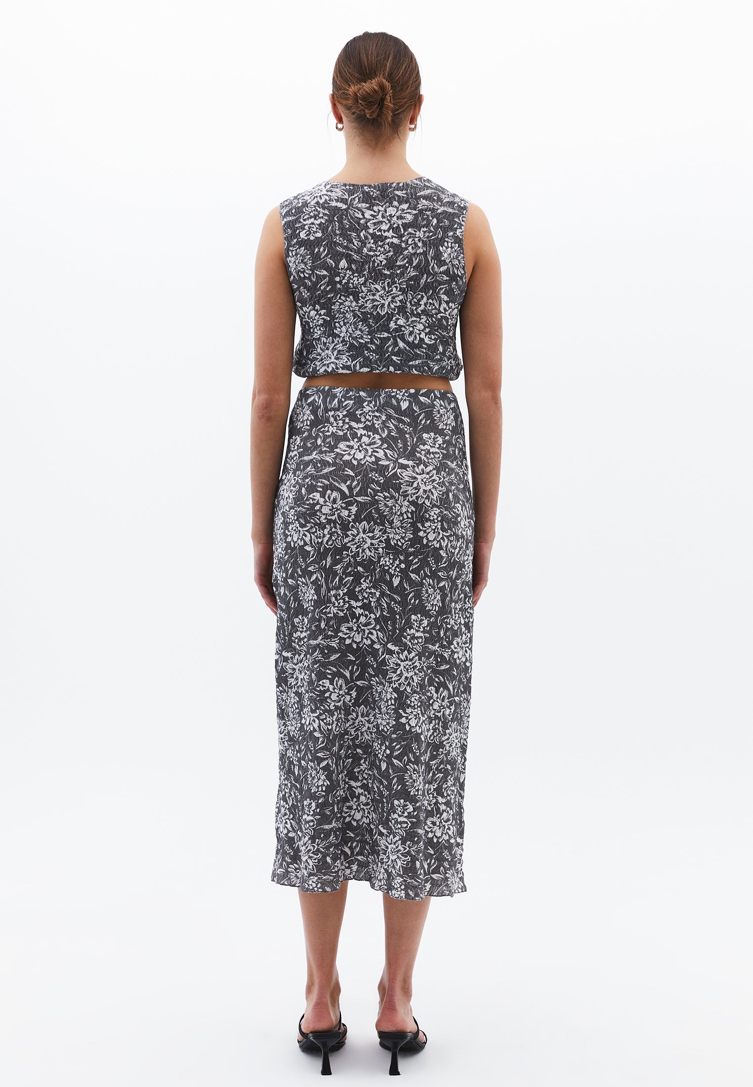 Midi Skirt With Slit Detail High Waist - ASPHALT FLOWER COMB