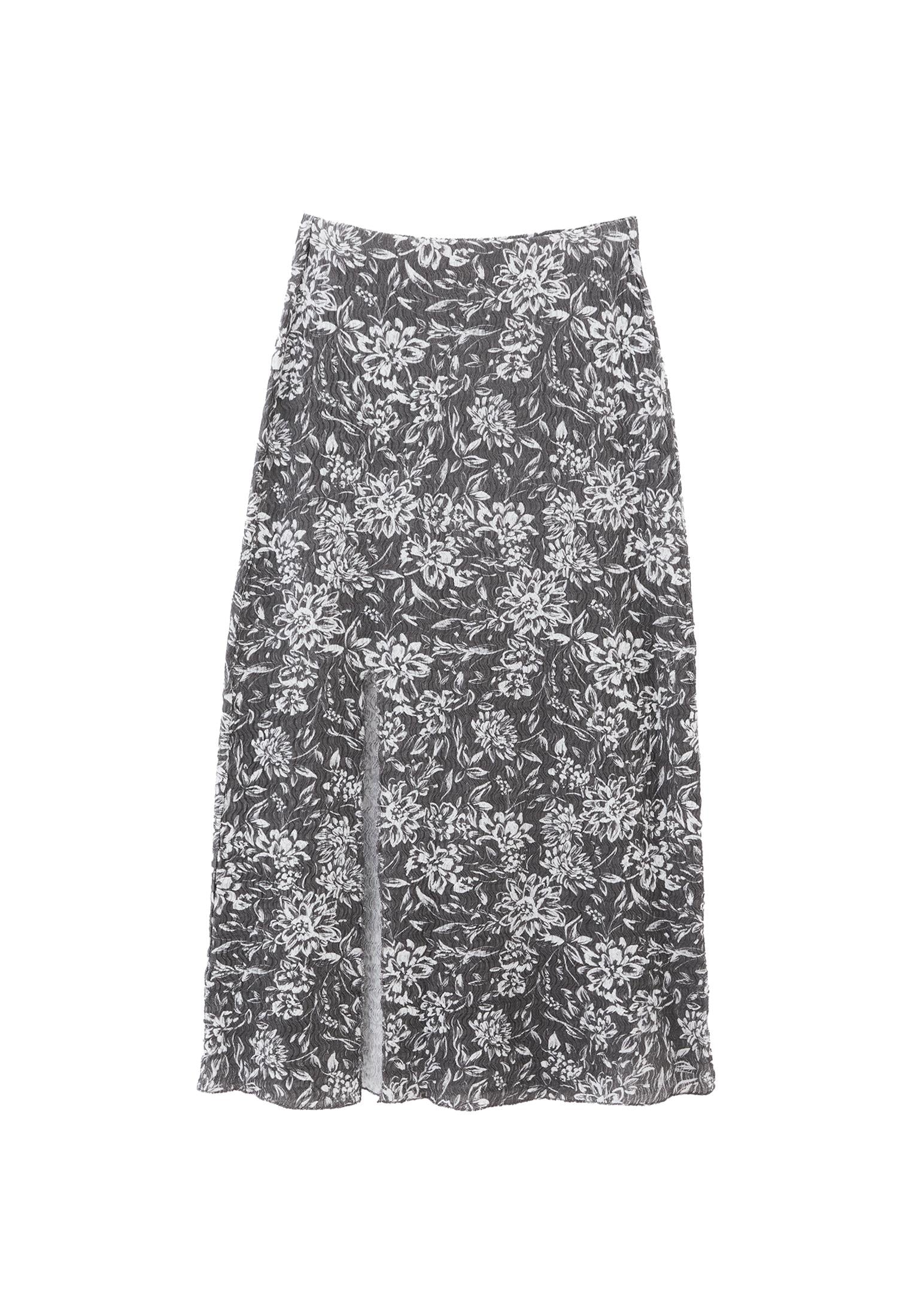 Midi Skirt With Slit Detail High Waist - ASPHALT FLOWER COMB