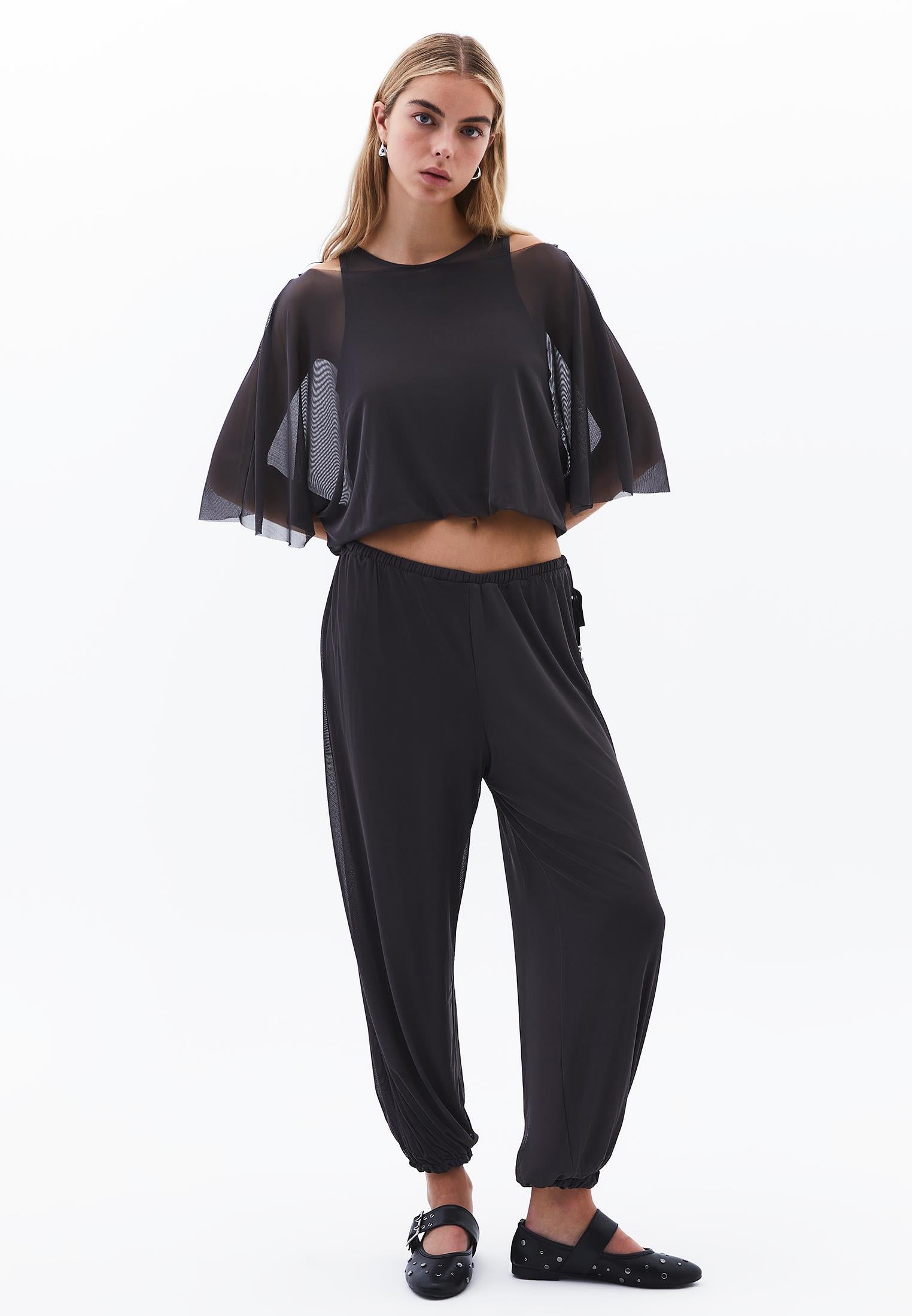 Batwing Sleeve Boat Neck Blouse - ASPHALT