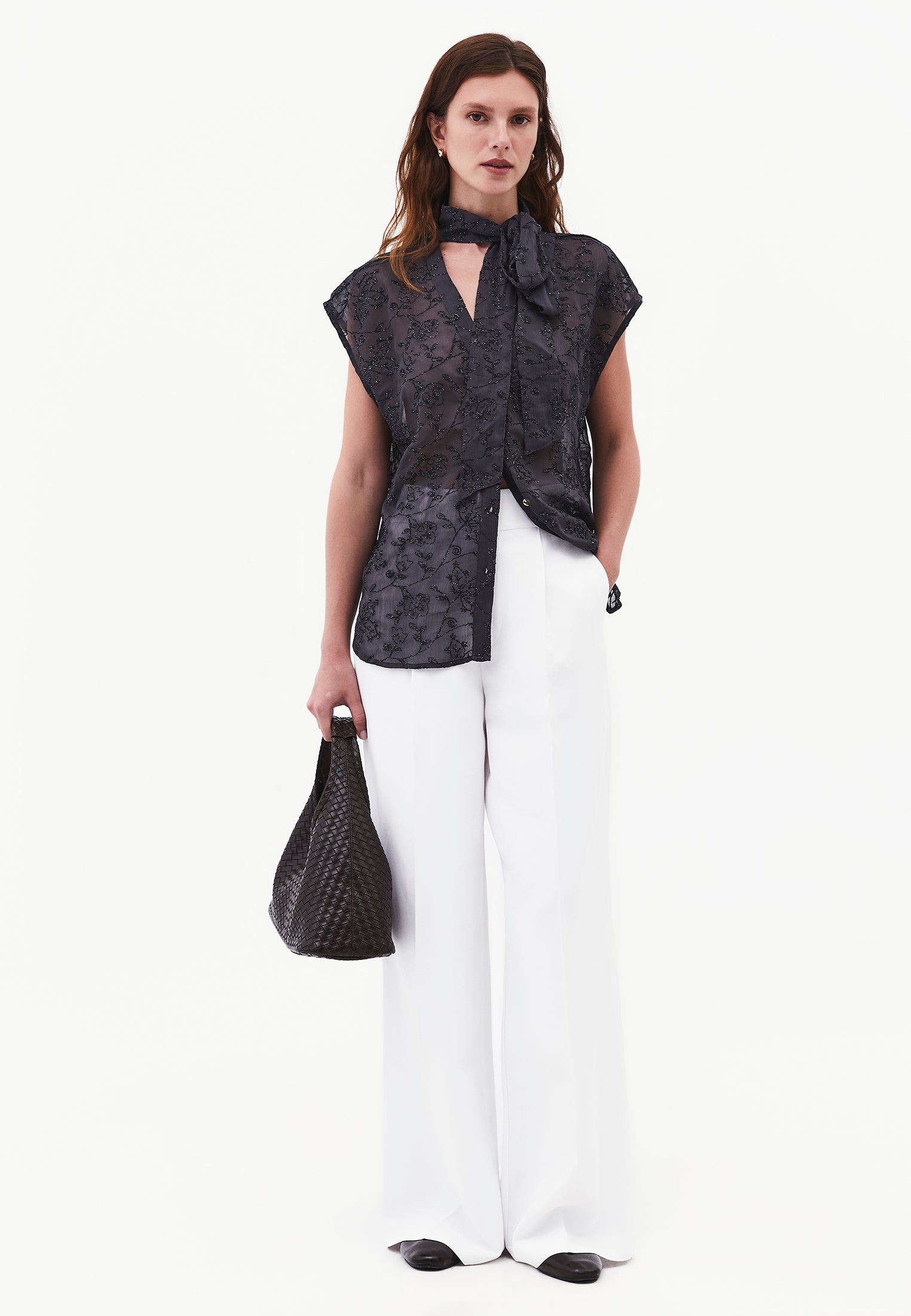 V-Neck Glitter Long Sleeve Shirt - ASPHALT