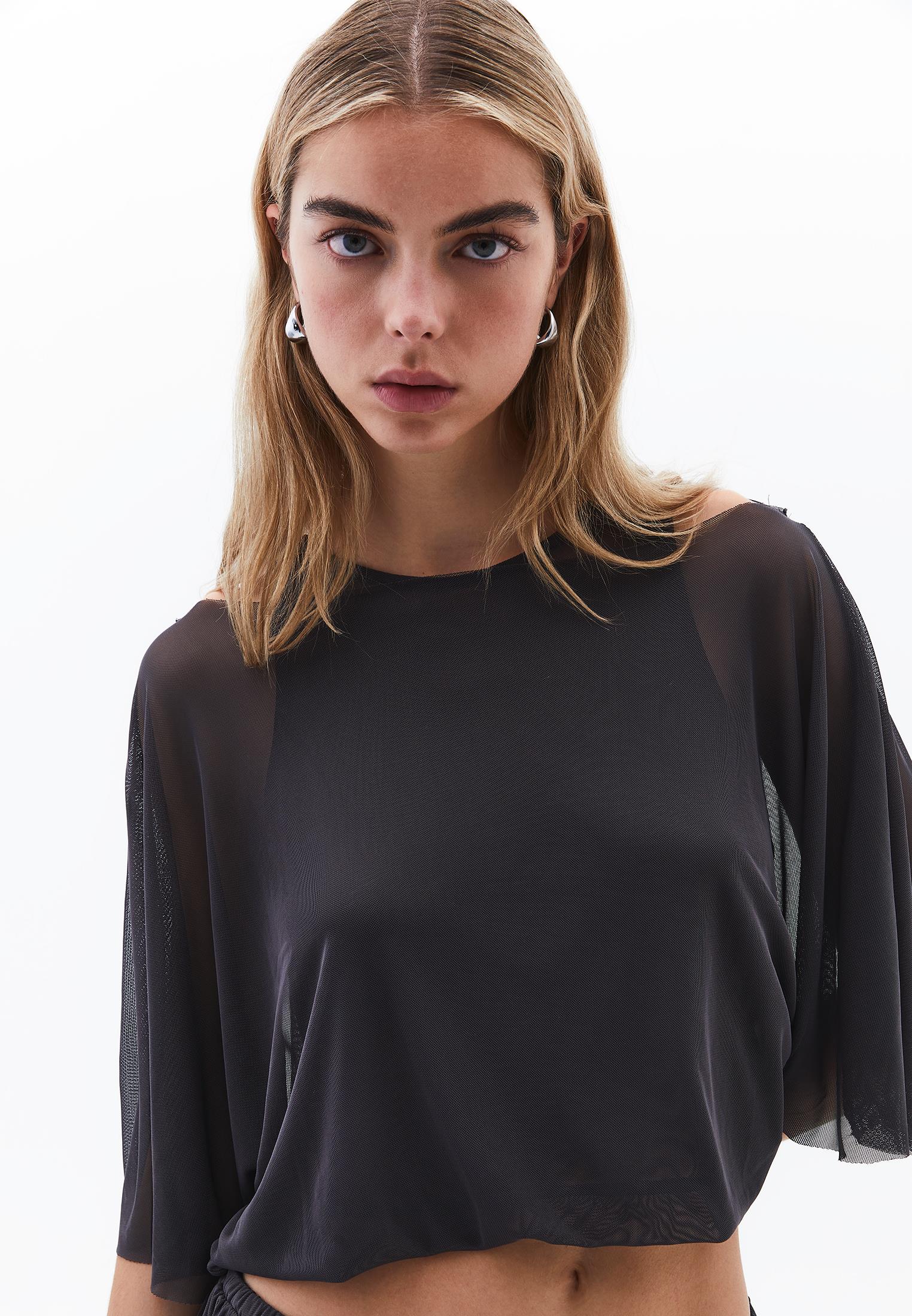 Batwing Sleeve Boat Neck Blouse - ASPHALT