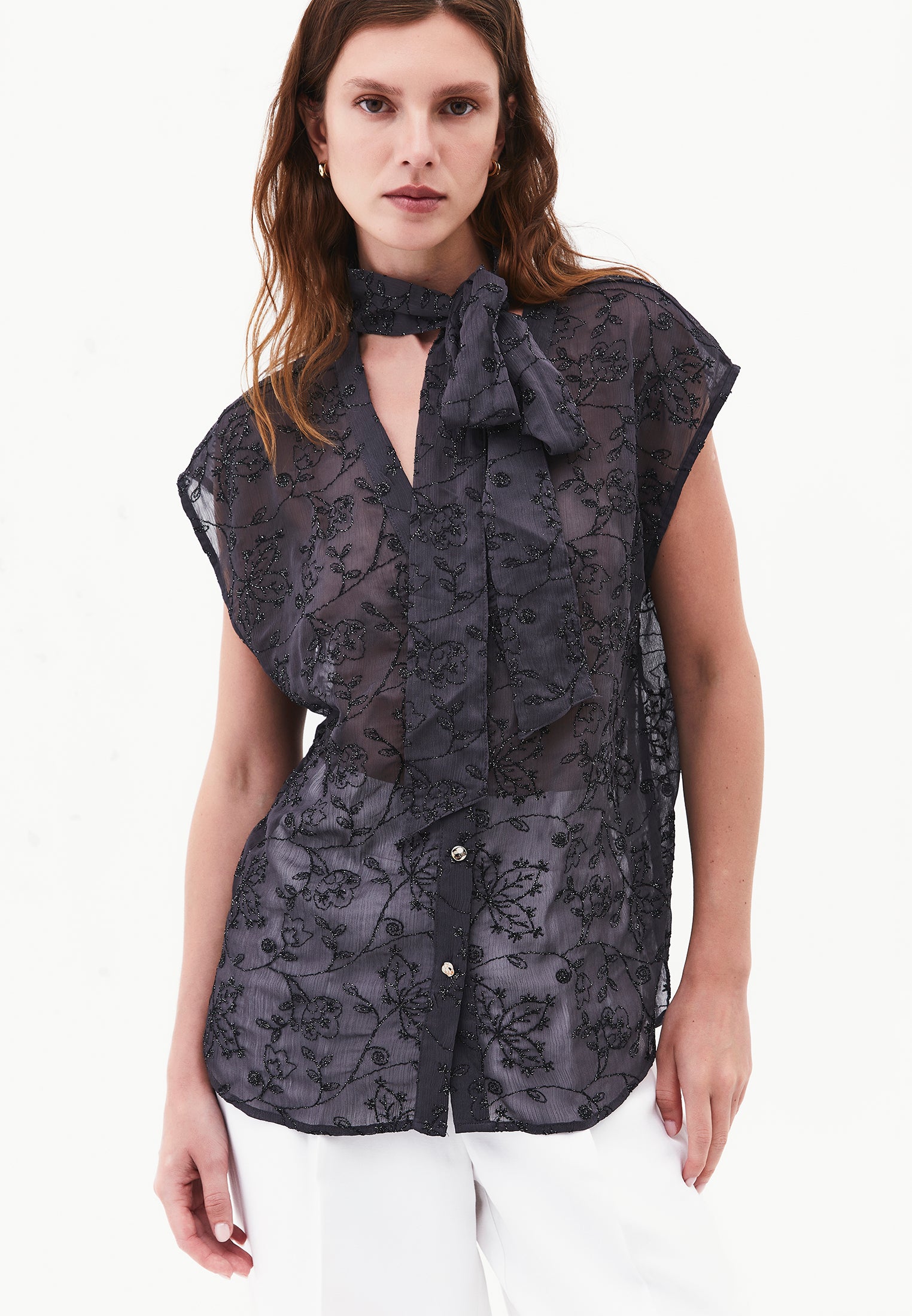 V-Neck Glitter Long Sleeve Shirt - ASPHALT