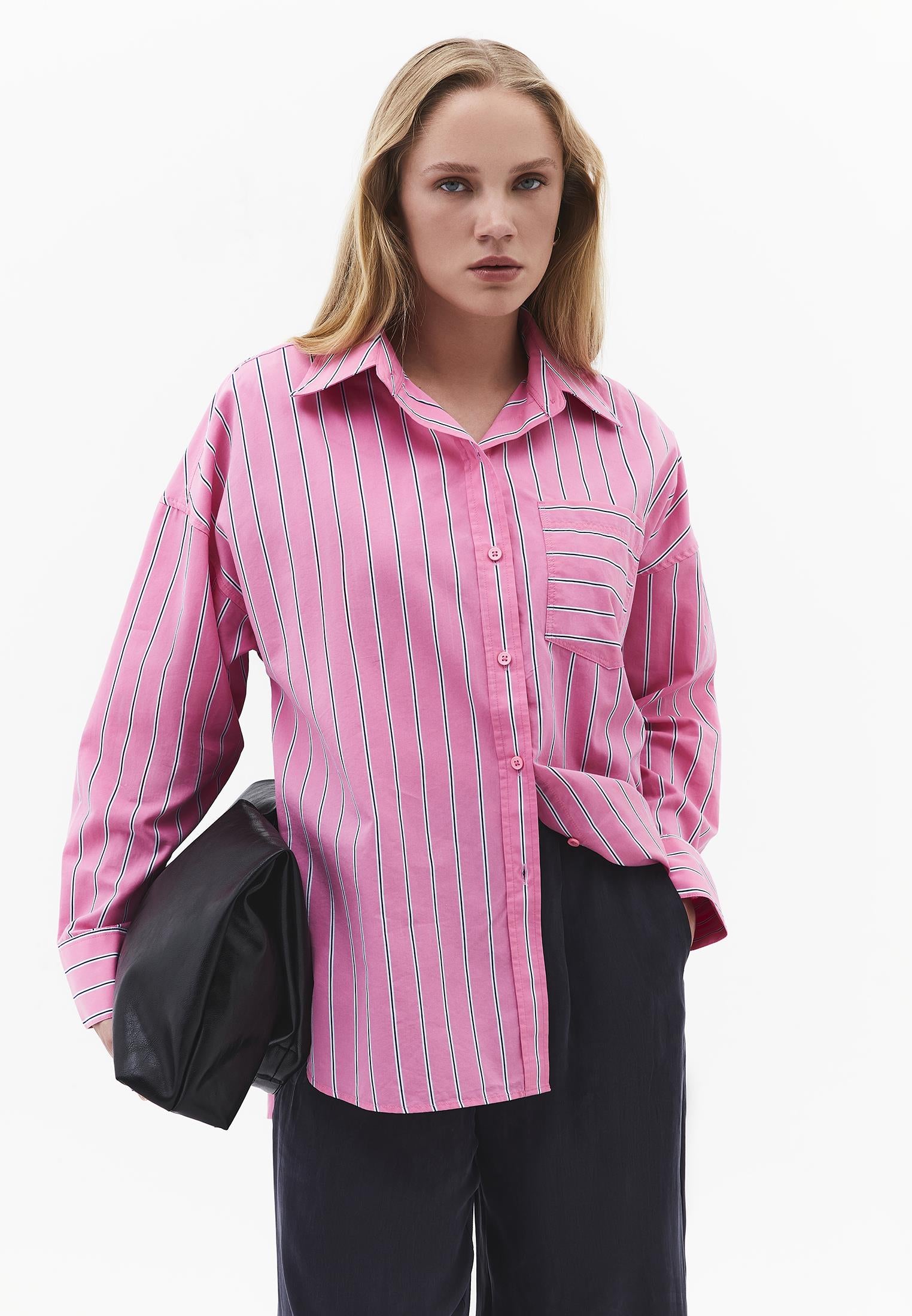 Oversize Shirt Collar Long Sleeve Shirt - AURORA PINK STRIPE