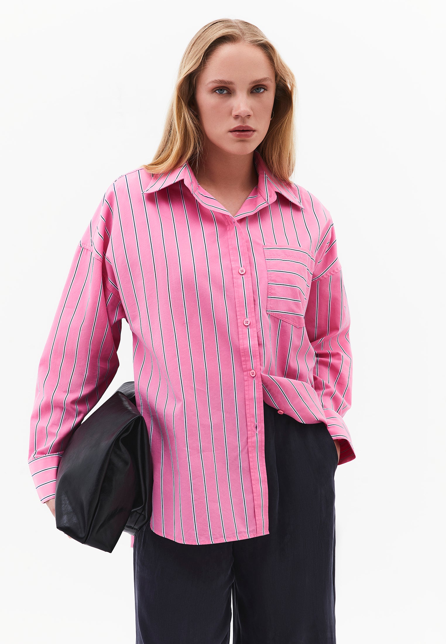 Oversize Shirt Collar Long Sleeve Shirt - AURORA PINK STRIPE