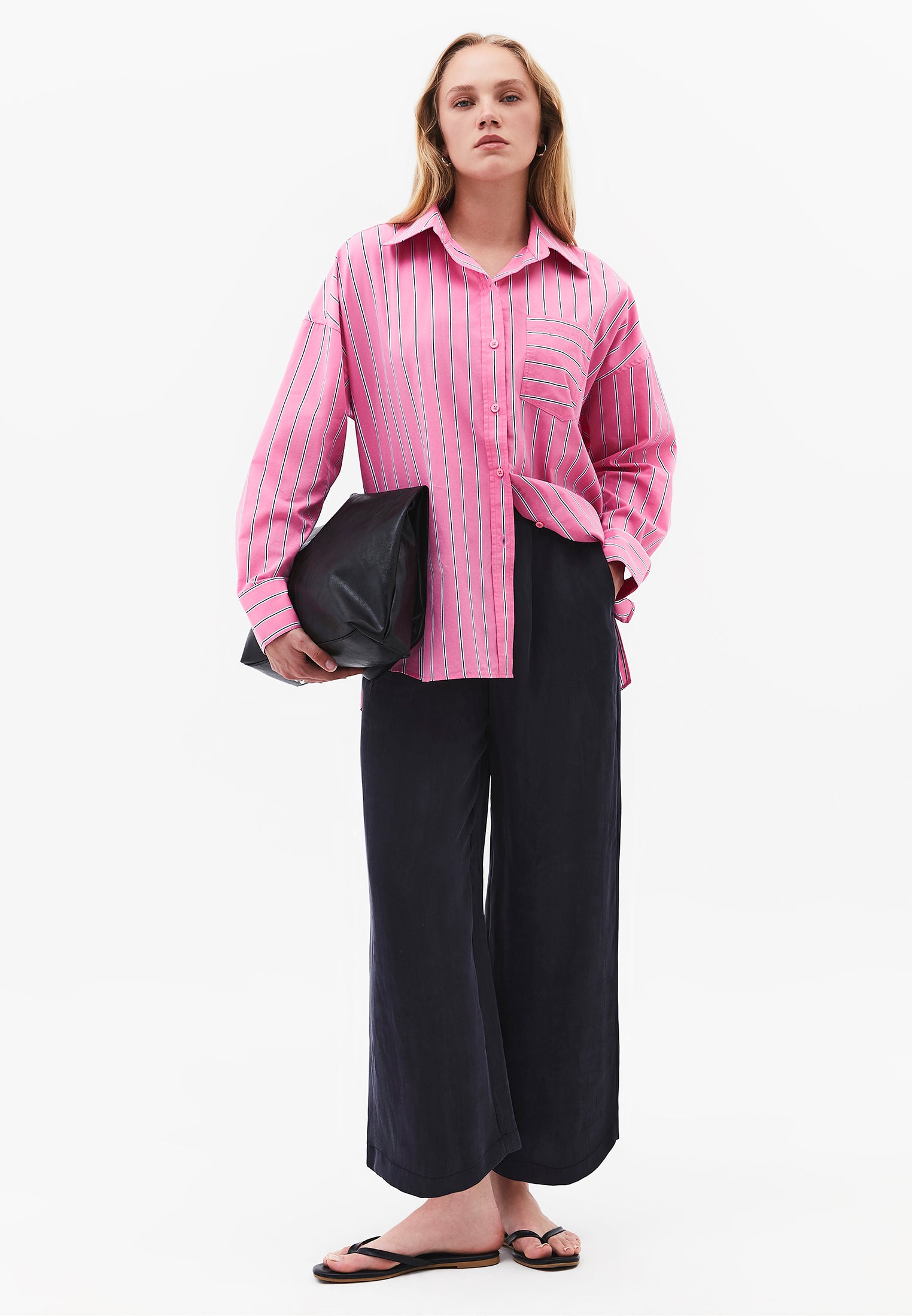 Oversize Shirt Collar Long Sleeve Shirt - AURORA PINK STRIPE